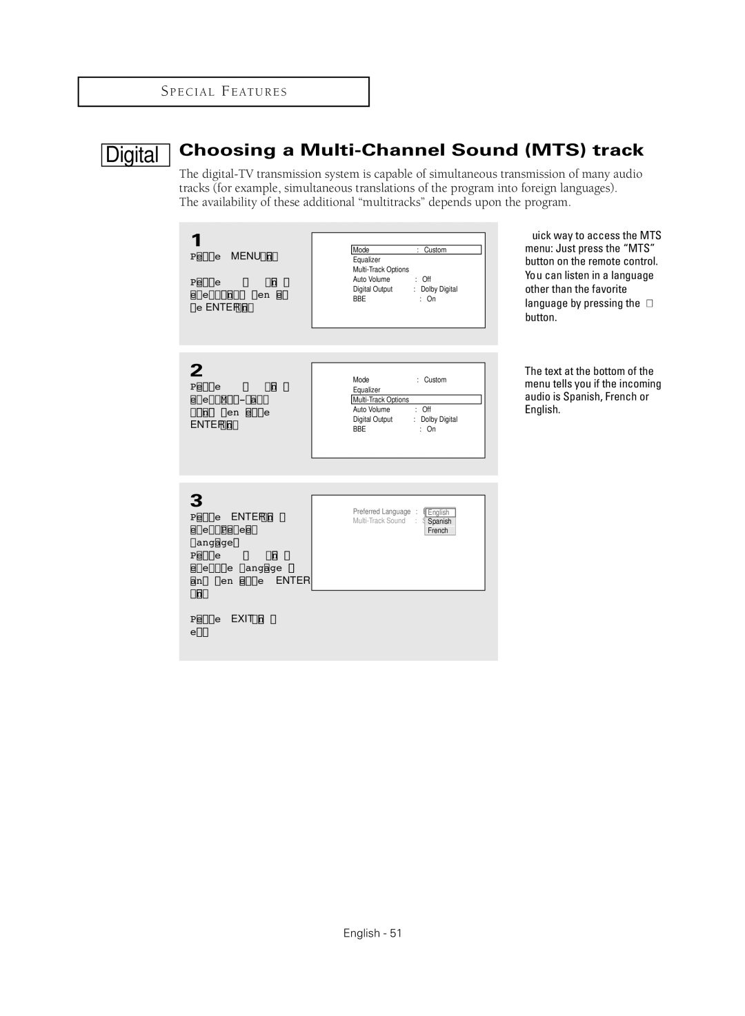 Samsung TX R3080WH manual Choosing a Multi-Channel Sound MTS track, Press the Enter button to select Preferred Language 