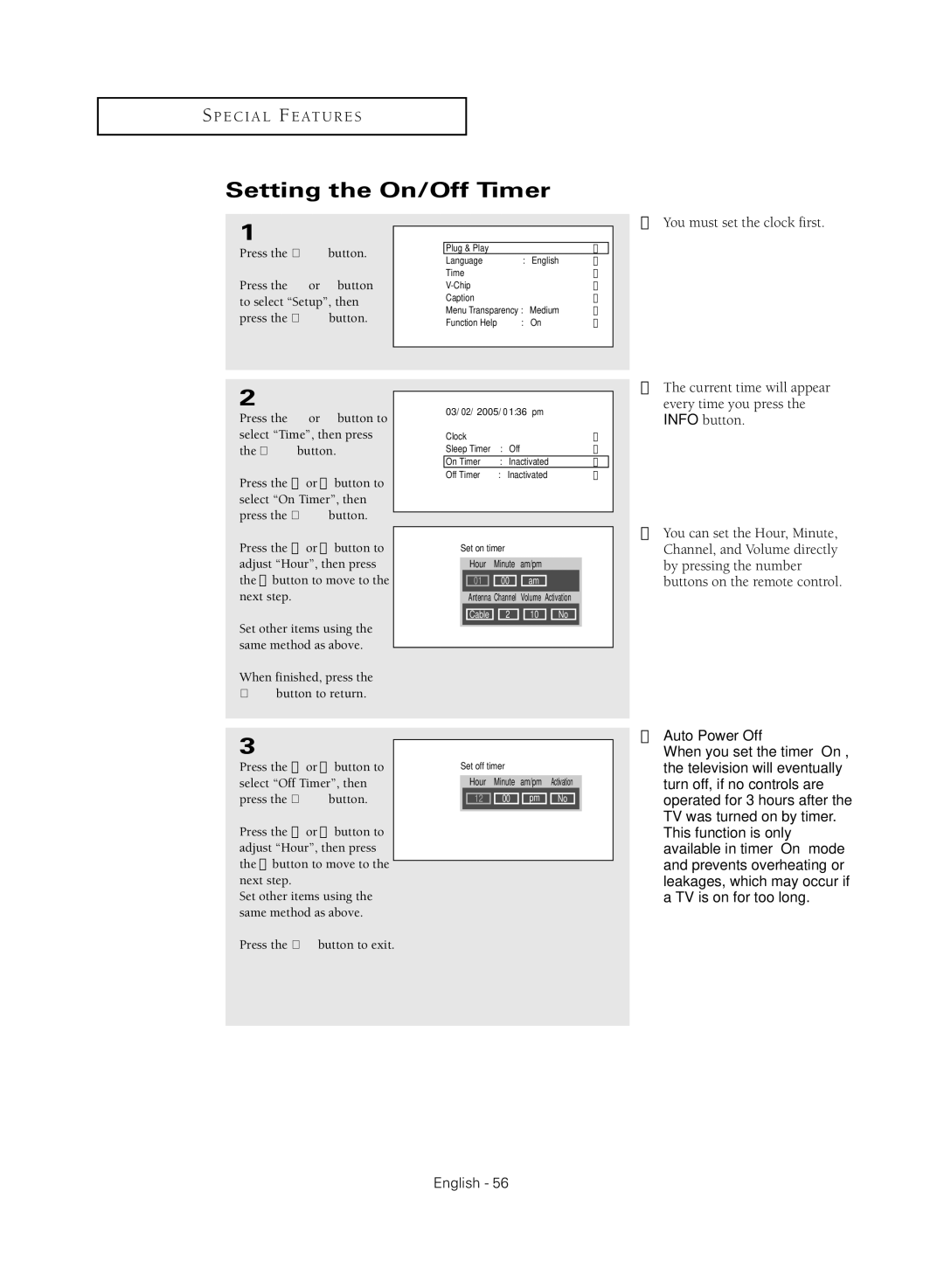 Samsung TX R3080WH manual Setting the On/Off Timer, You must set the clock first 