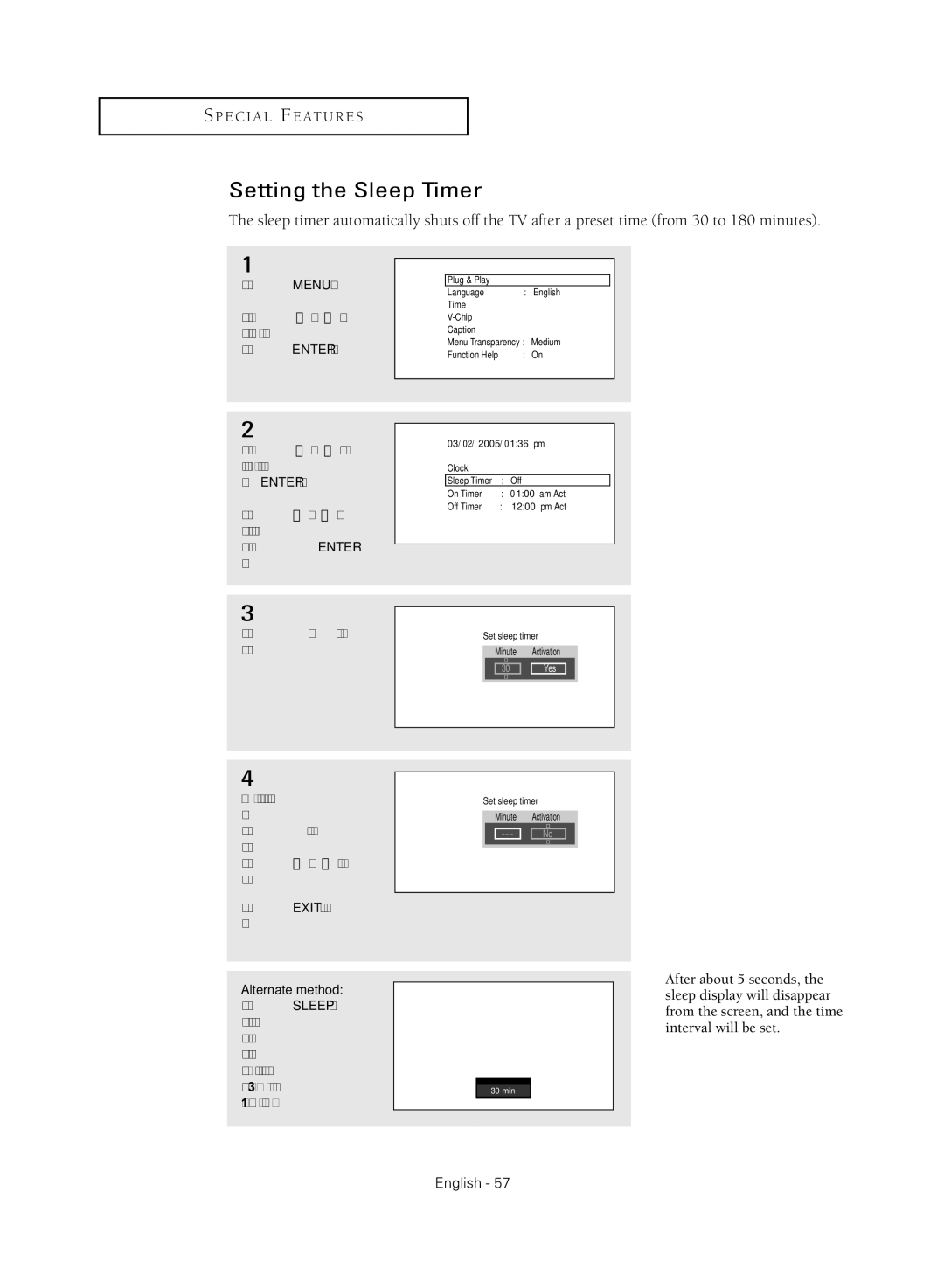 Samsung TX R3080WH manual Setting the Sleep Timer, Press the … or † button to, Adjust Minute, To cancel the Set sleep timer 