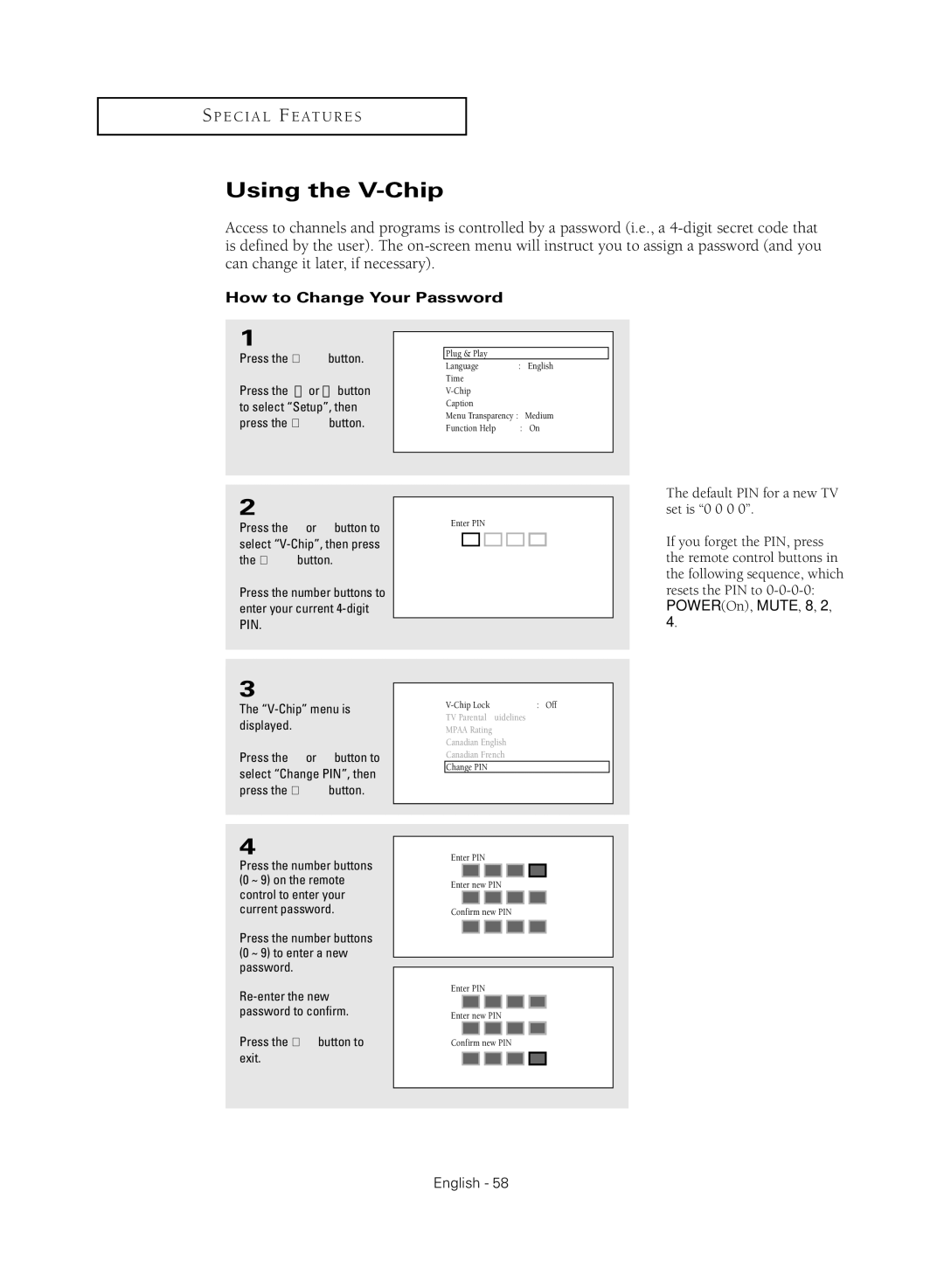 Samsung TX R3080WH manual Using the V-Chip, How to Change Your Password, V-Chip menu is displayed 