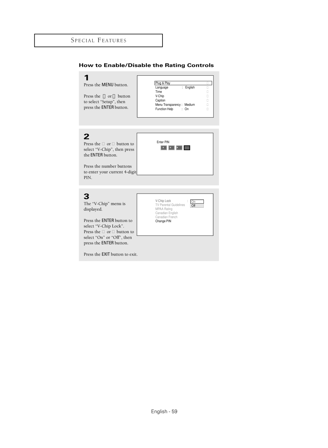 Samsung TX R3080WH manual How to Enable/Disable the Rating Controls 