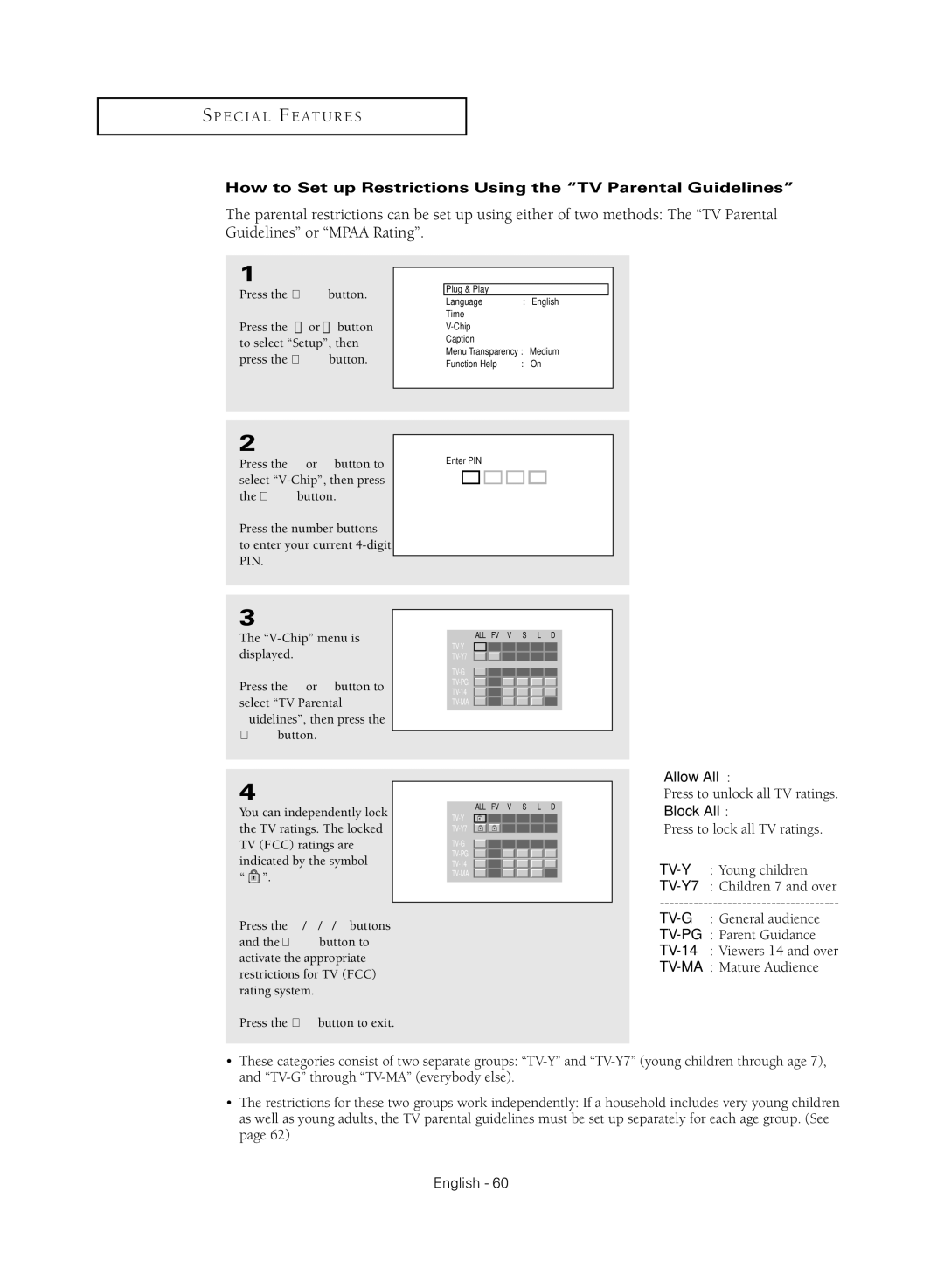 Samsung TX R3080WH manual How to Set up Restrictions Using the TV Parental Guidelines 