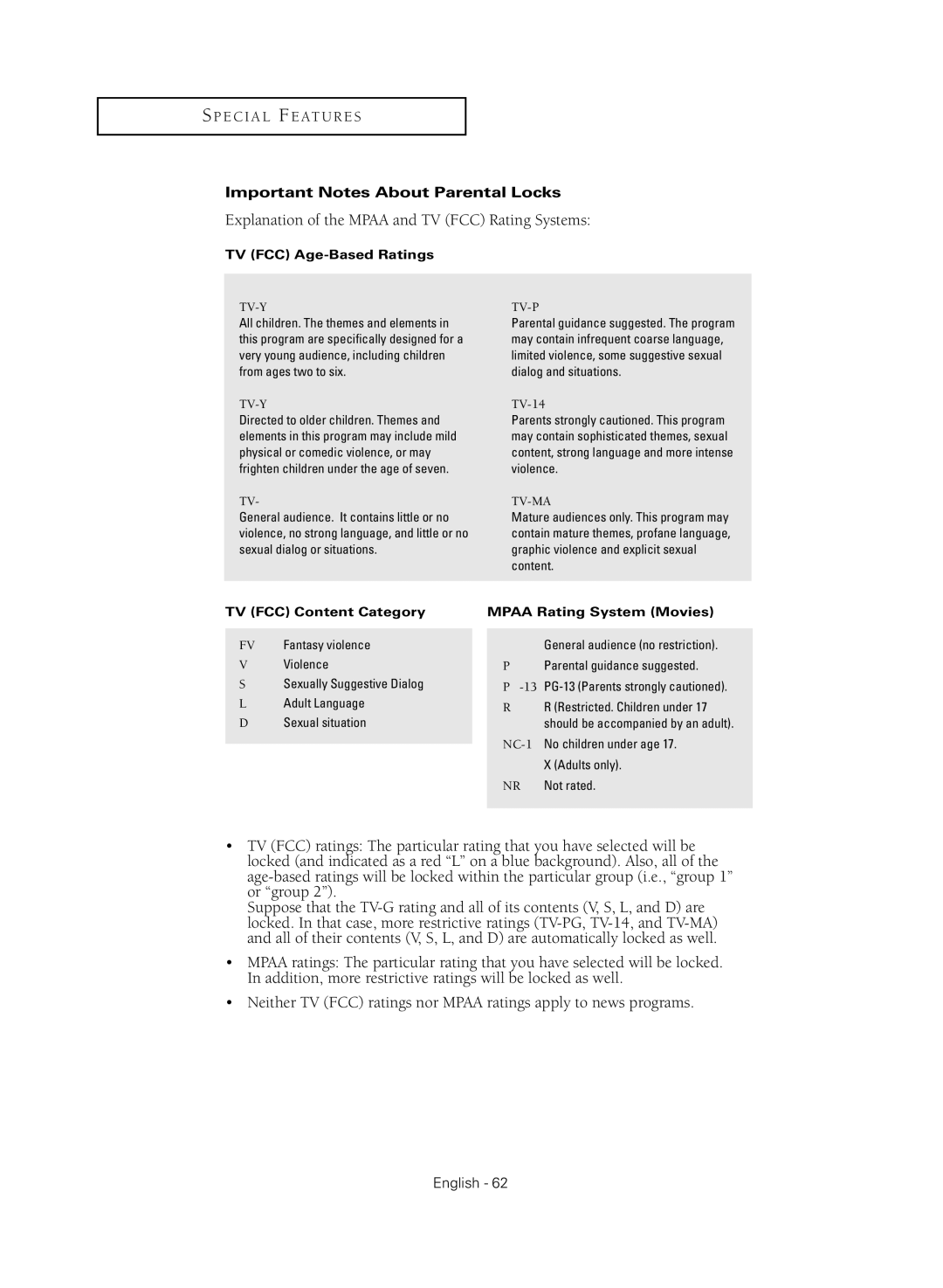 Samsung TX R3080WH manual Explanation of the Mpaa and TV FCC Rating Systems, Important Notes About Parental Locks 