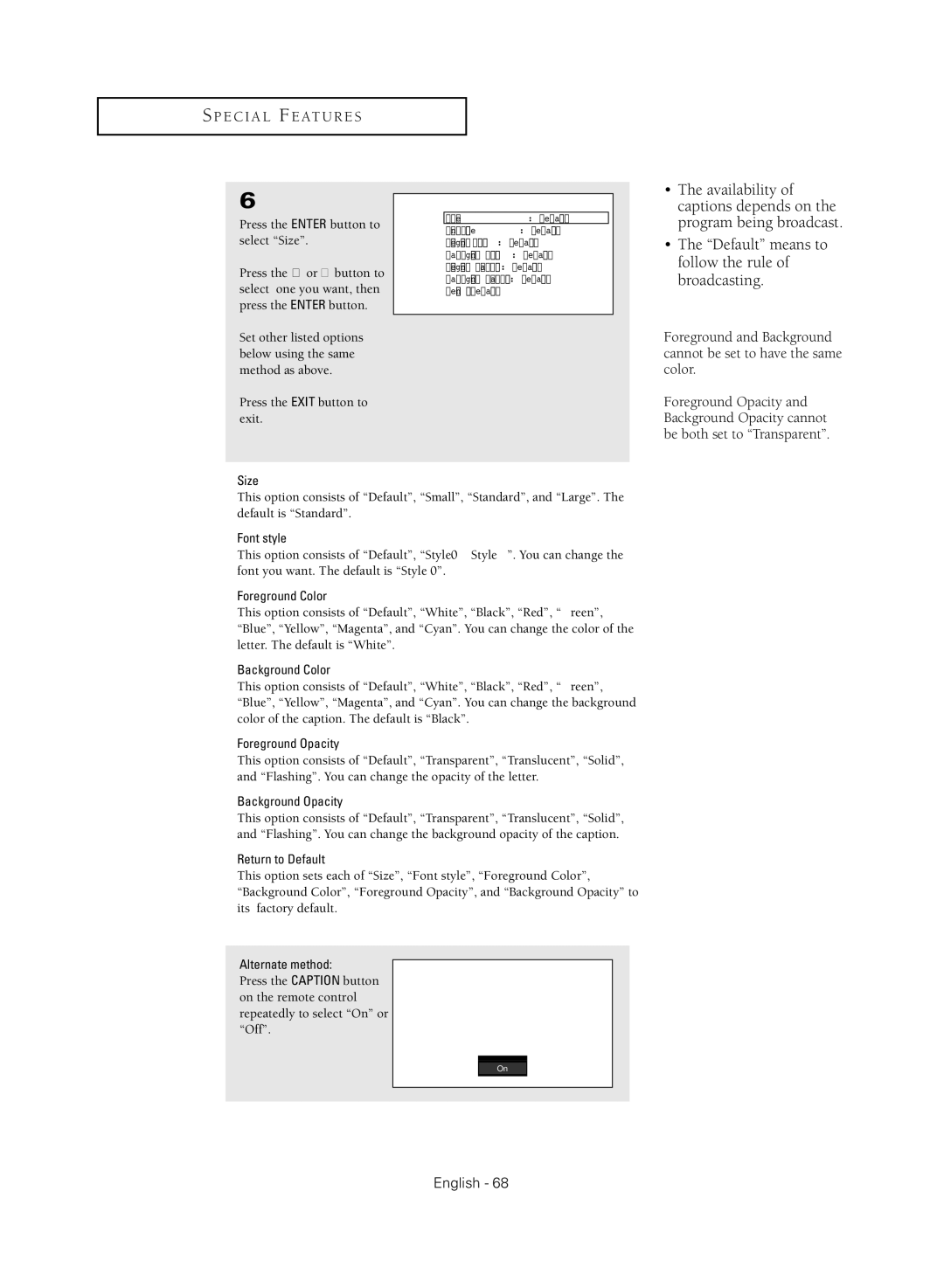 Samsung TX R3080WH manual Press the Enter button to select Size, Digital Caption Options 