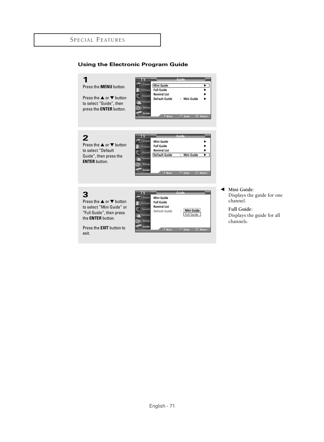 Samsung TX R3080WH Using the Electronic Program Guide, Press the or button, To select Guide, then Press the Enter button 