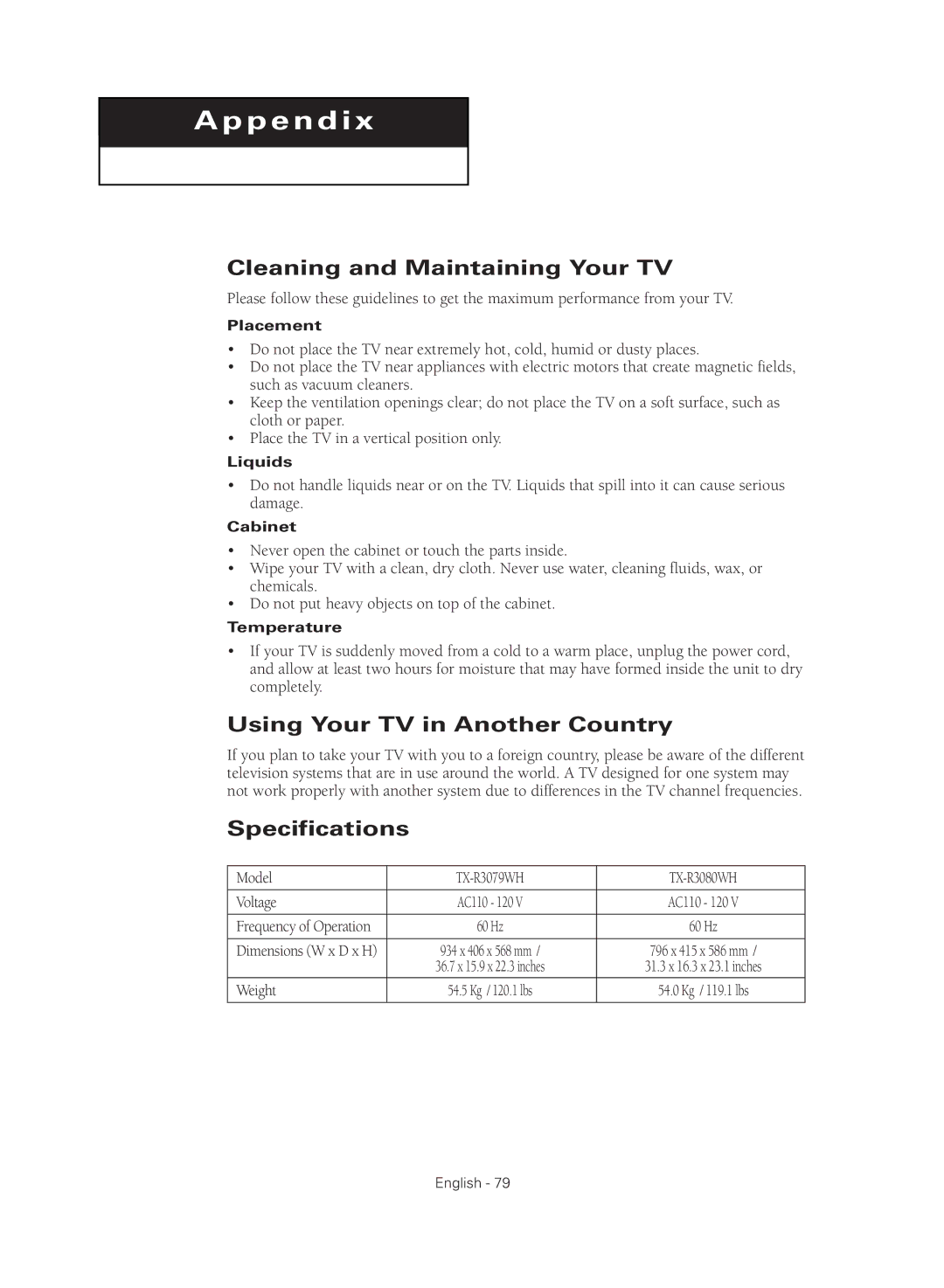 Samsung TX R3080WH manual Cleaning and Maintaining Your TV, Using Your TV in Another Country, Specifications, Weight 