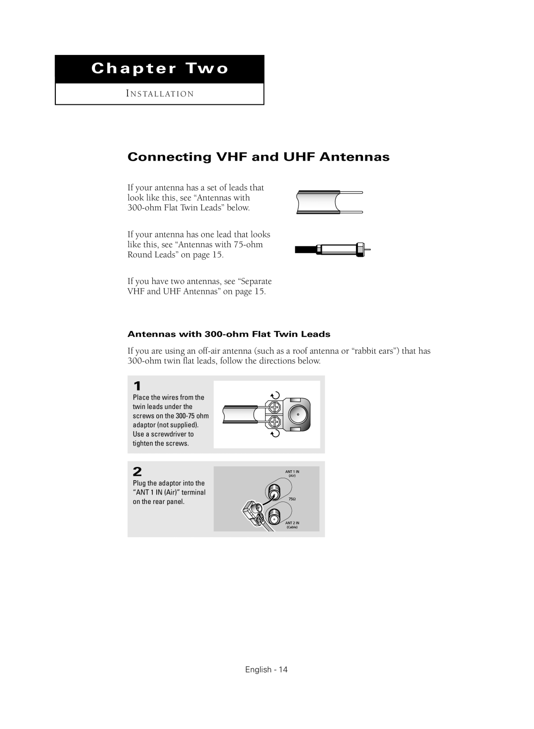 Samsung TX-R3080WHX manual Connecting VHF and UHF Antennas, Antennas with 300-ohm Flat Twin Leads 