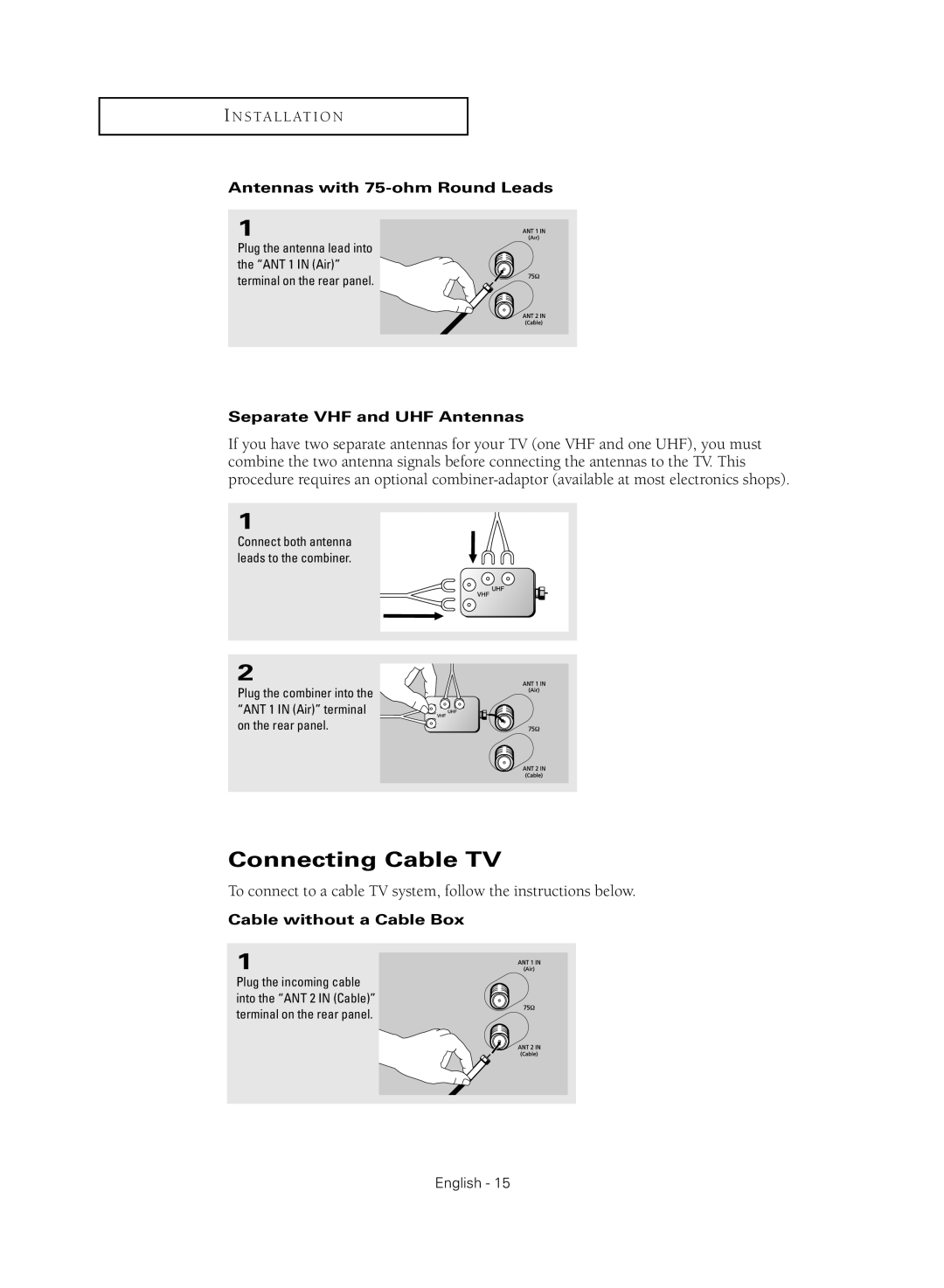 Samsung TX-R3080WHX manual Connecting Cable TV, Antennas with 75-ohm Round Leads, Separate VHF and UHF Antennas 