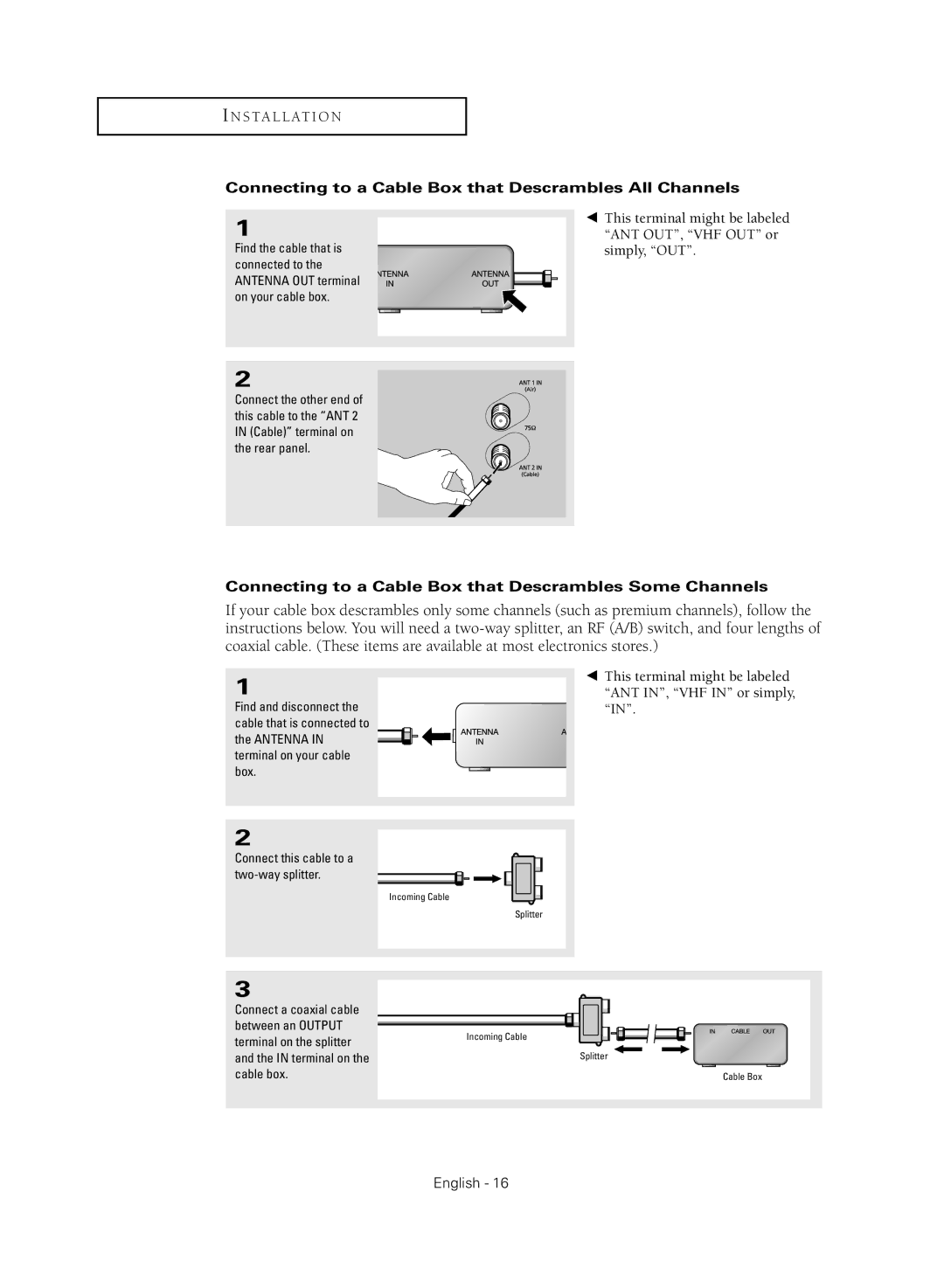 Samsung TX-R3080WHX Connecting to a Cable Box that Descrambles All Channels, Connect this cable to a two-way splitter 