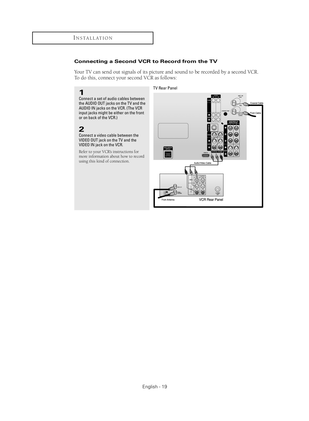 Samsung TX-R3080WHX manual Connecting a Second VCR to Record from the TV 