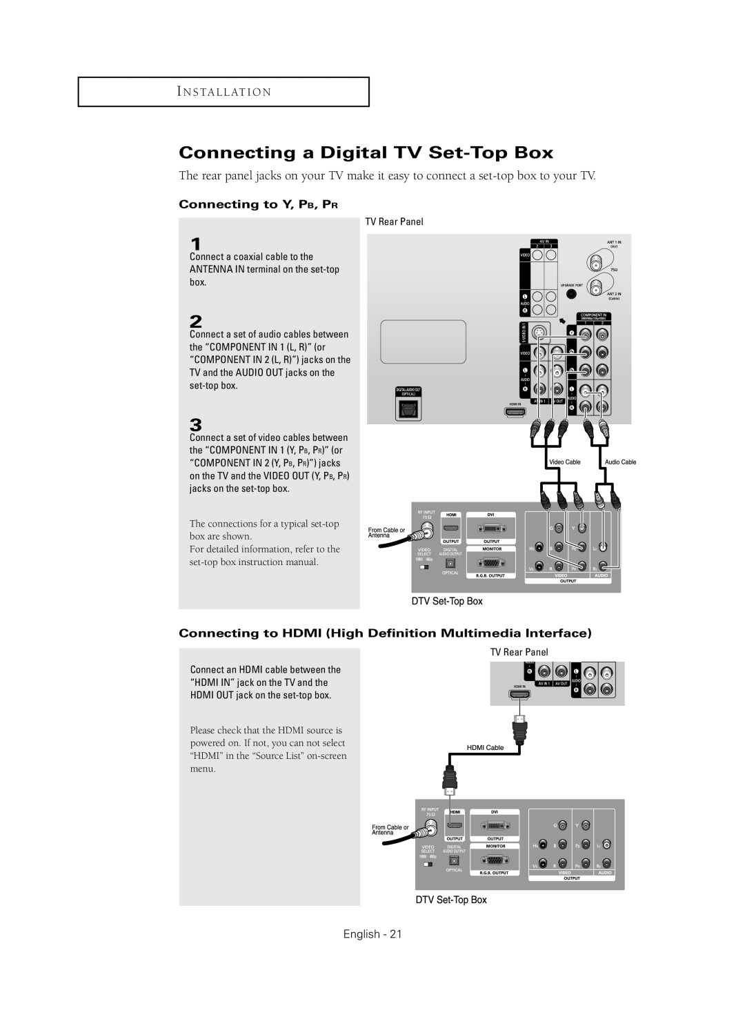 Samsung TX-R3080WHX manual Connecting a Digital TV Set-Top Box, Connecting to Hdmi High Definition Multimedia Interface 