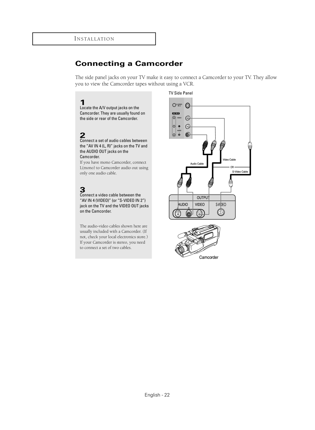 Samsung TX-R3080WHX manual Connecting a Camcorder, TV Side Panel 