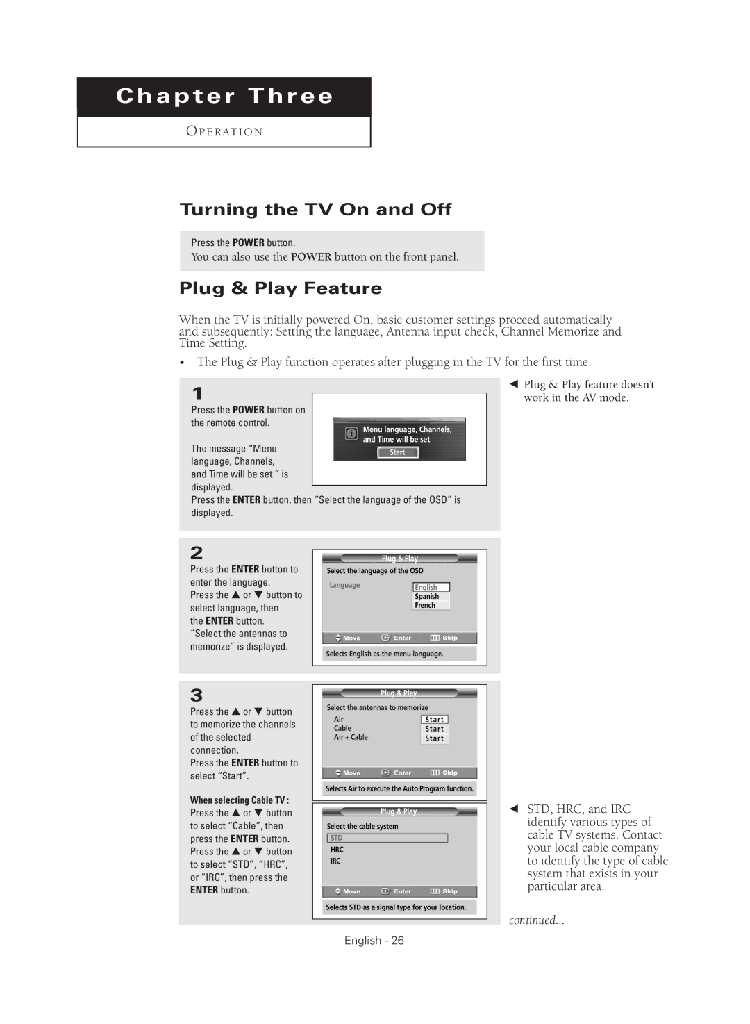 Samsung TX-R3080WHX Turning the TV On and Off, Plug & Play Feature, Press the Power button, Remote control, Message Menu 