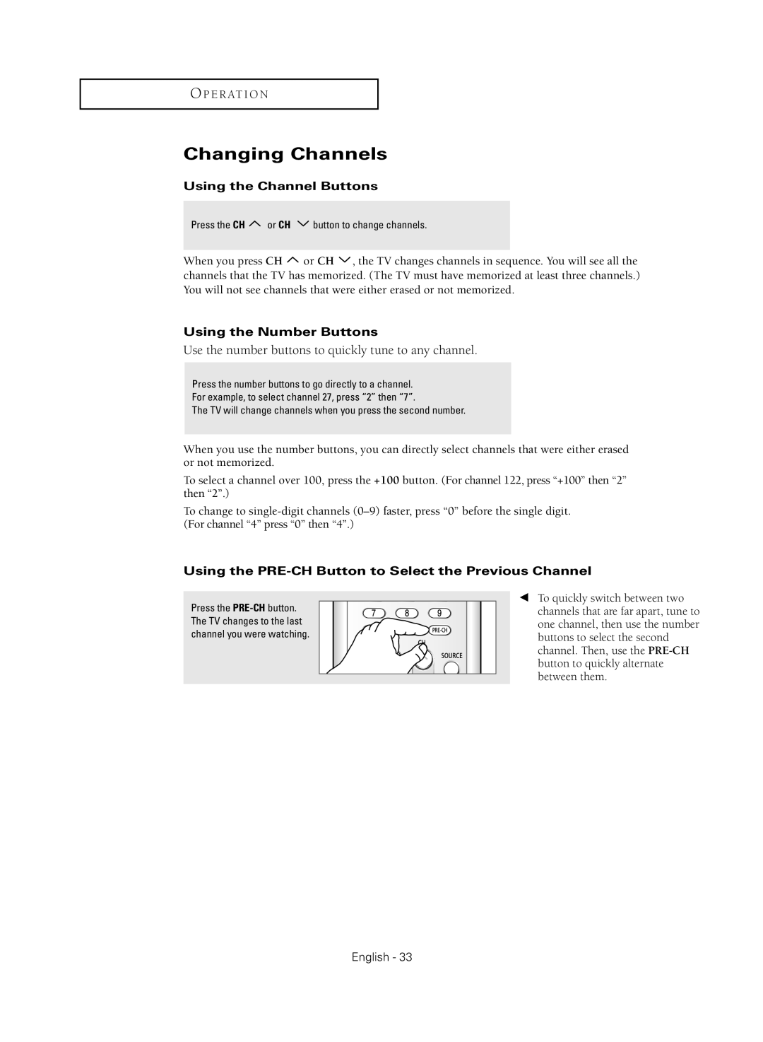 Samsung TX-R3080WHX manual Changing Channels, Using the Channel Buttons, Using the Number Buttons 