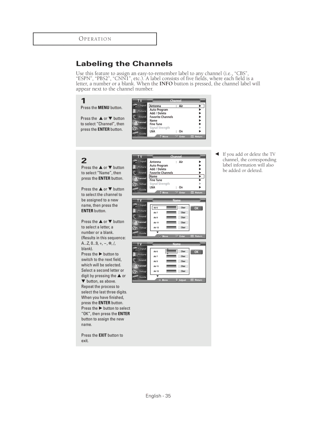 Samsung TX-R3080WHX manual Labeling the Channels, Name 