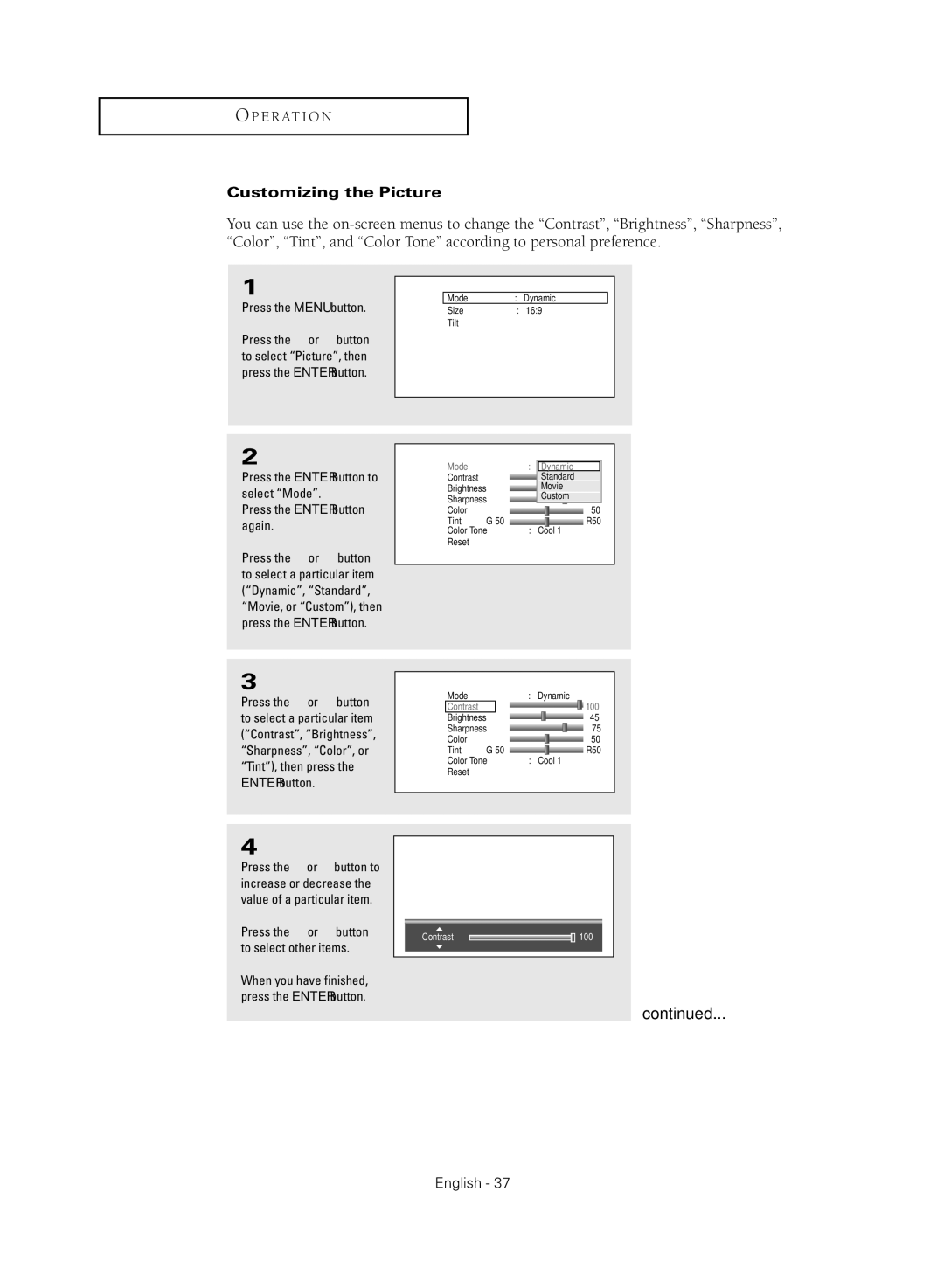 Samsung TX-R3080WHX manual Customizing the Picture, Mode 