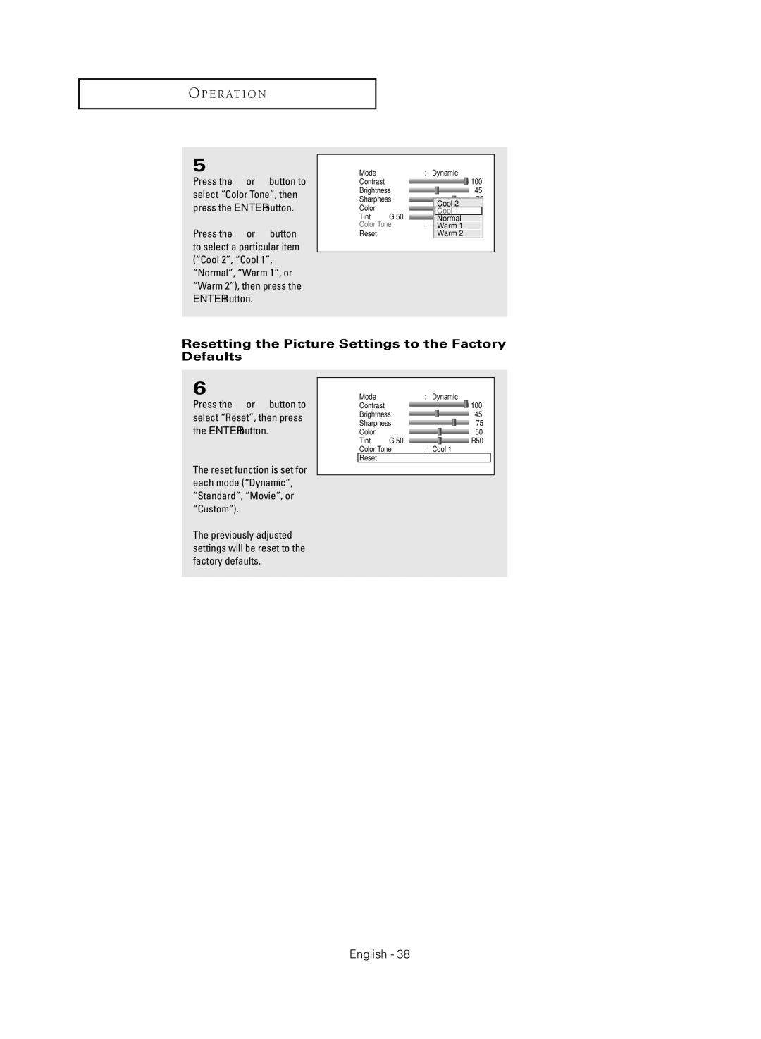 Samsung TX-R3080WHX manual Resetting the Picture Settings to the Factory Defaults 