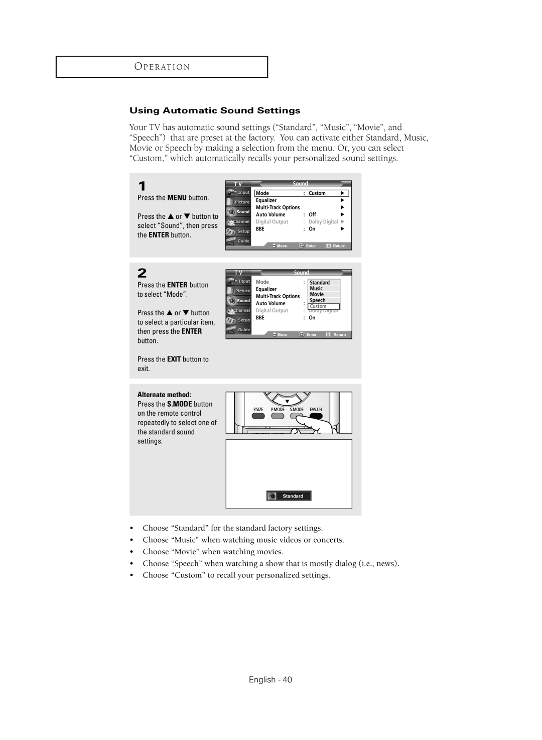 Samsung TX-R3080WHX manual Using Automatic Sound Settings 