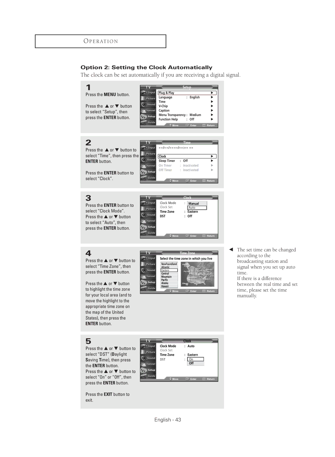 Samsung TX-R3080WHX manual Option 2 Setting the Clock Automatically, Time Zone 