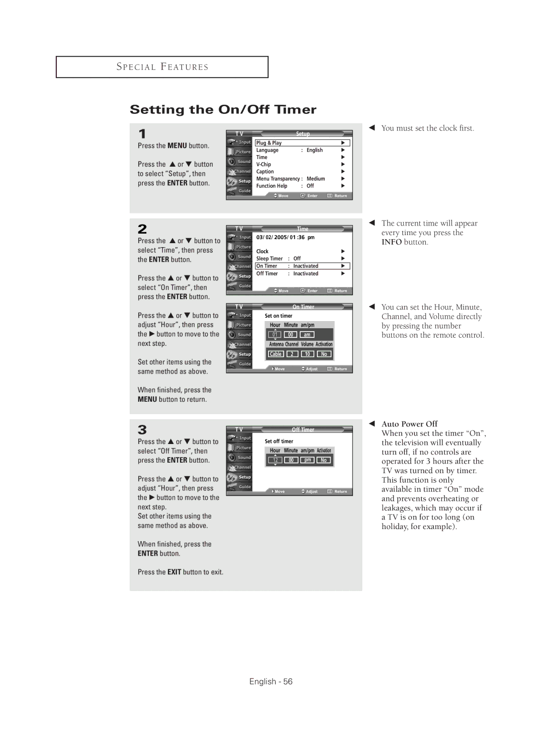 Samsung TX-R3080WHX manual Setting the On/Off Timer, When finished, press the Enter button 