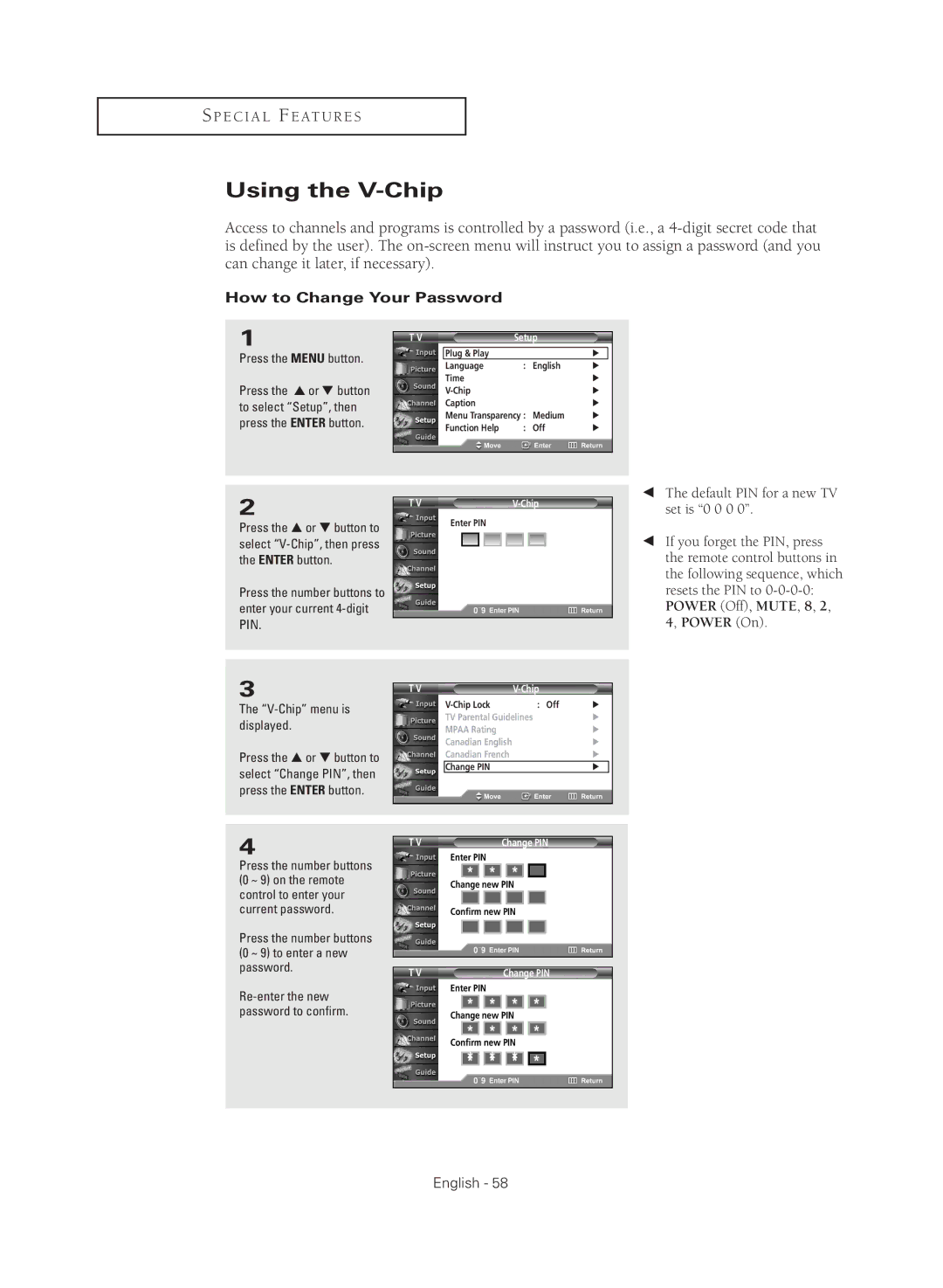 Samsung TX-R3080WHX manual Using the V-Chip, How to Change Your Password, V-Chip menu is displayed 