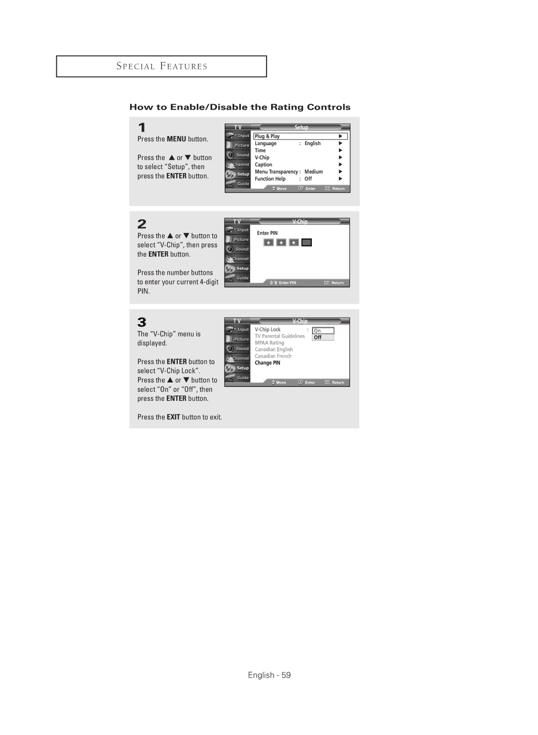 Samsung TX-R3080WHX manual How to Enable/Disable the Rating Controls 