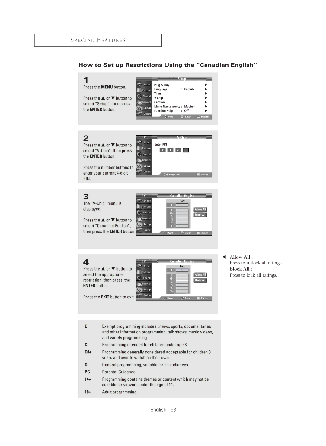 Samsung TX-R3080WHX manual How to Set up Restrictions Using the Canadian English 