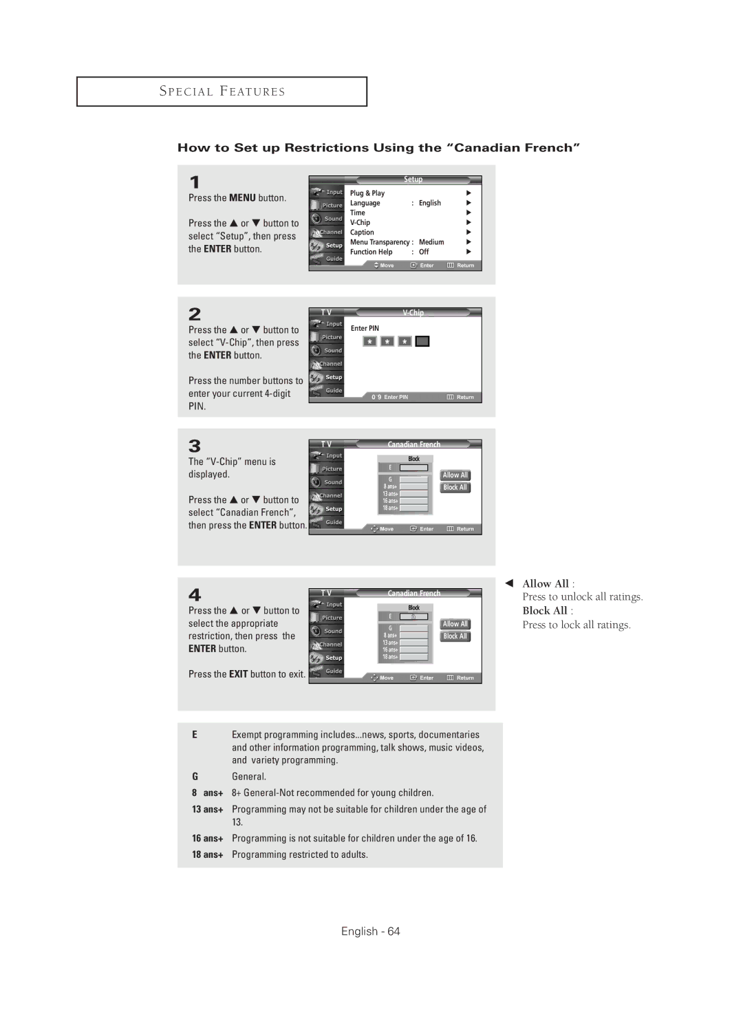 Samsung TX-R3080WHX manual How to Set up Restrictions Using the Canadian French 