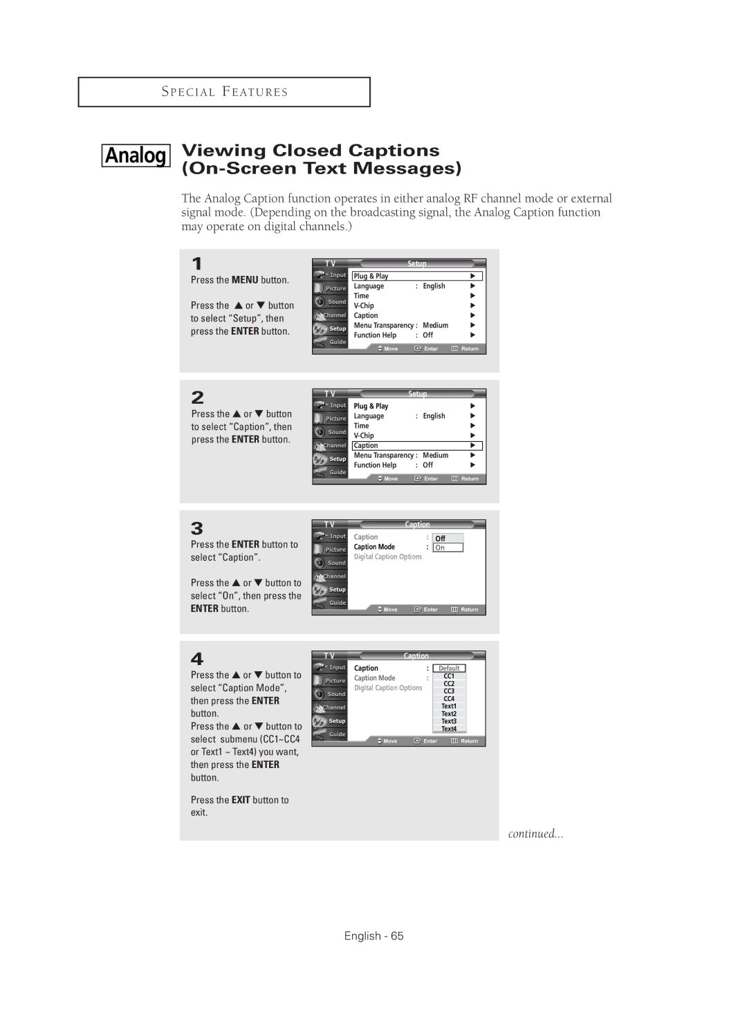 Samsung TX-R3080WHX manual Viewing Closed Captions On-Screen Text Messages, Press the Menu button 