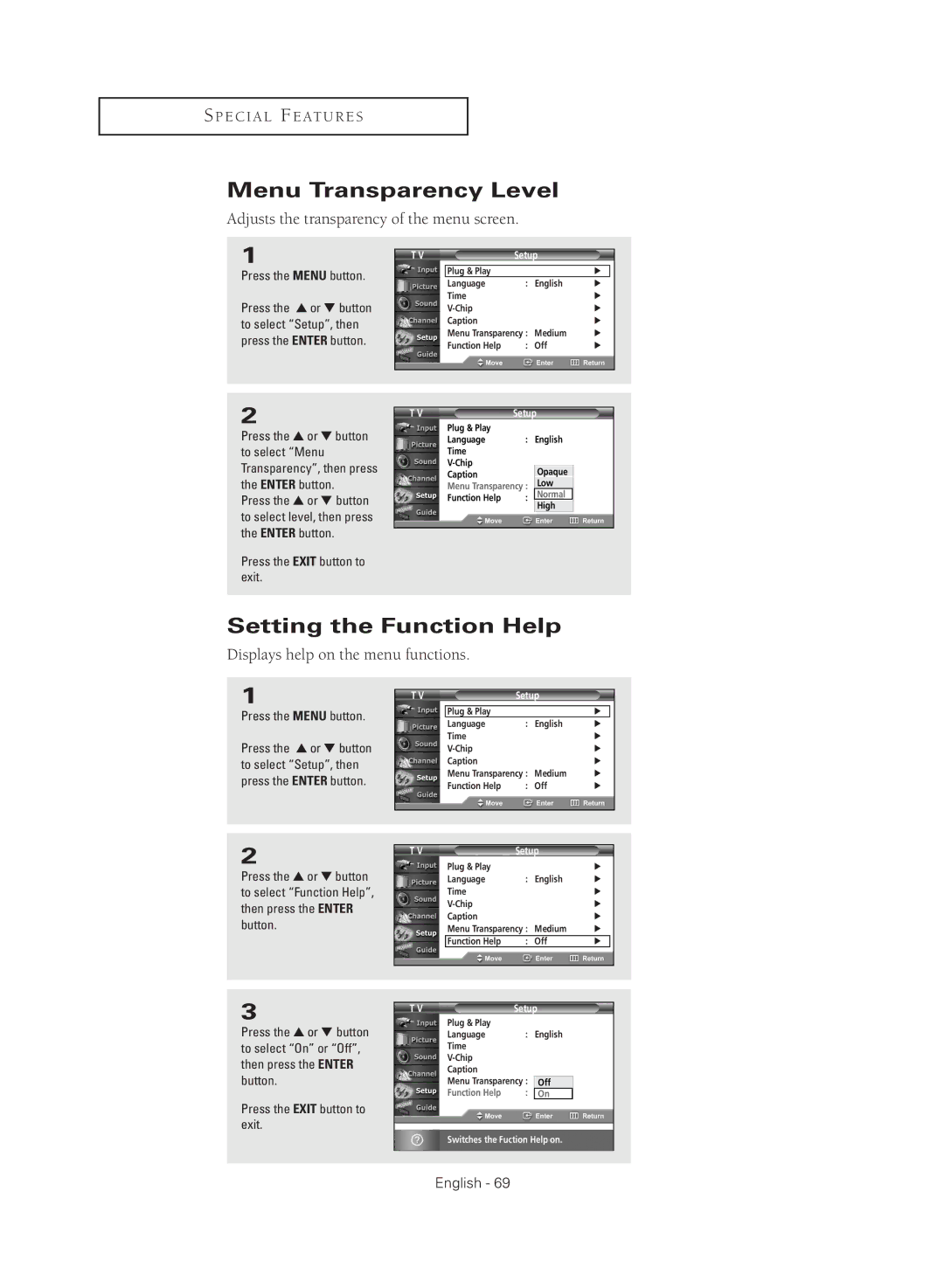 Samsung TX-R3080WHX manual Menu Transparency Level, Setting the Function Help 