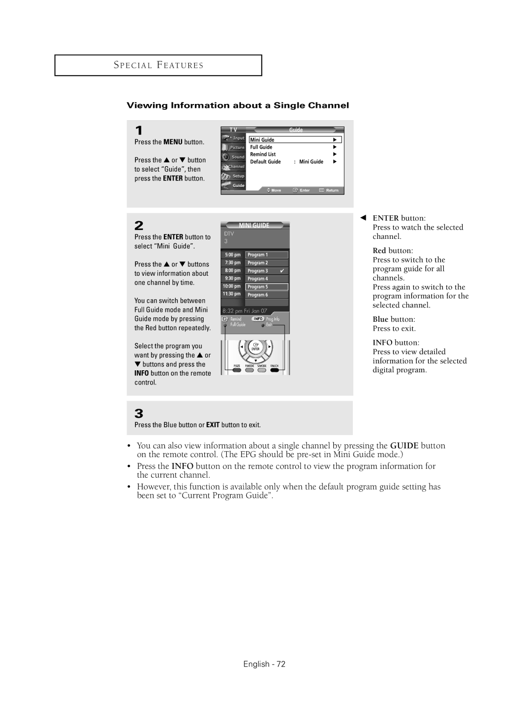 Samsung TX-R3080WHX Viewing Information about a Single Channel, Buttons and press the Info button on the remote control 