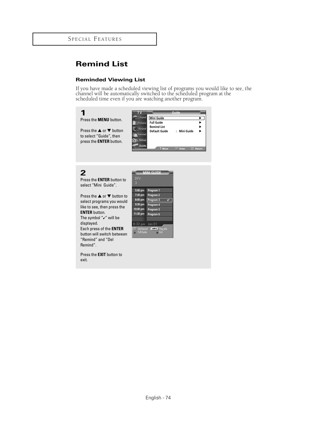 Samsung TX-R3080WHX manual Remind List, Reminded Viewing List, Symbol will be displayed 