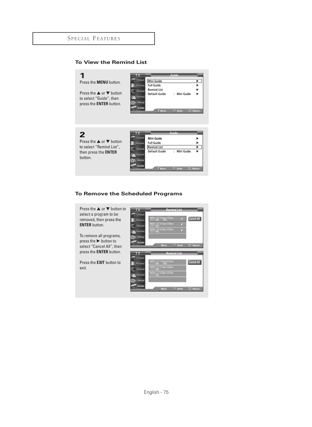 Samsung TX-R3080WHX manual To View the Remind List, To Remove the Scheduled Programs 