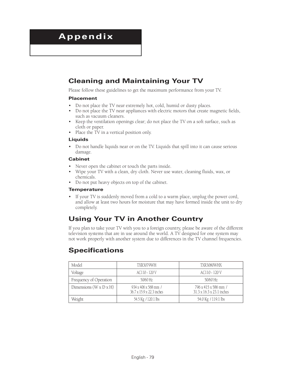 Samsung TX-R3080WHX manual Cleaning and Maintaining Your TV, Using Your TV in Another Country, Specifications 