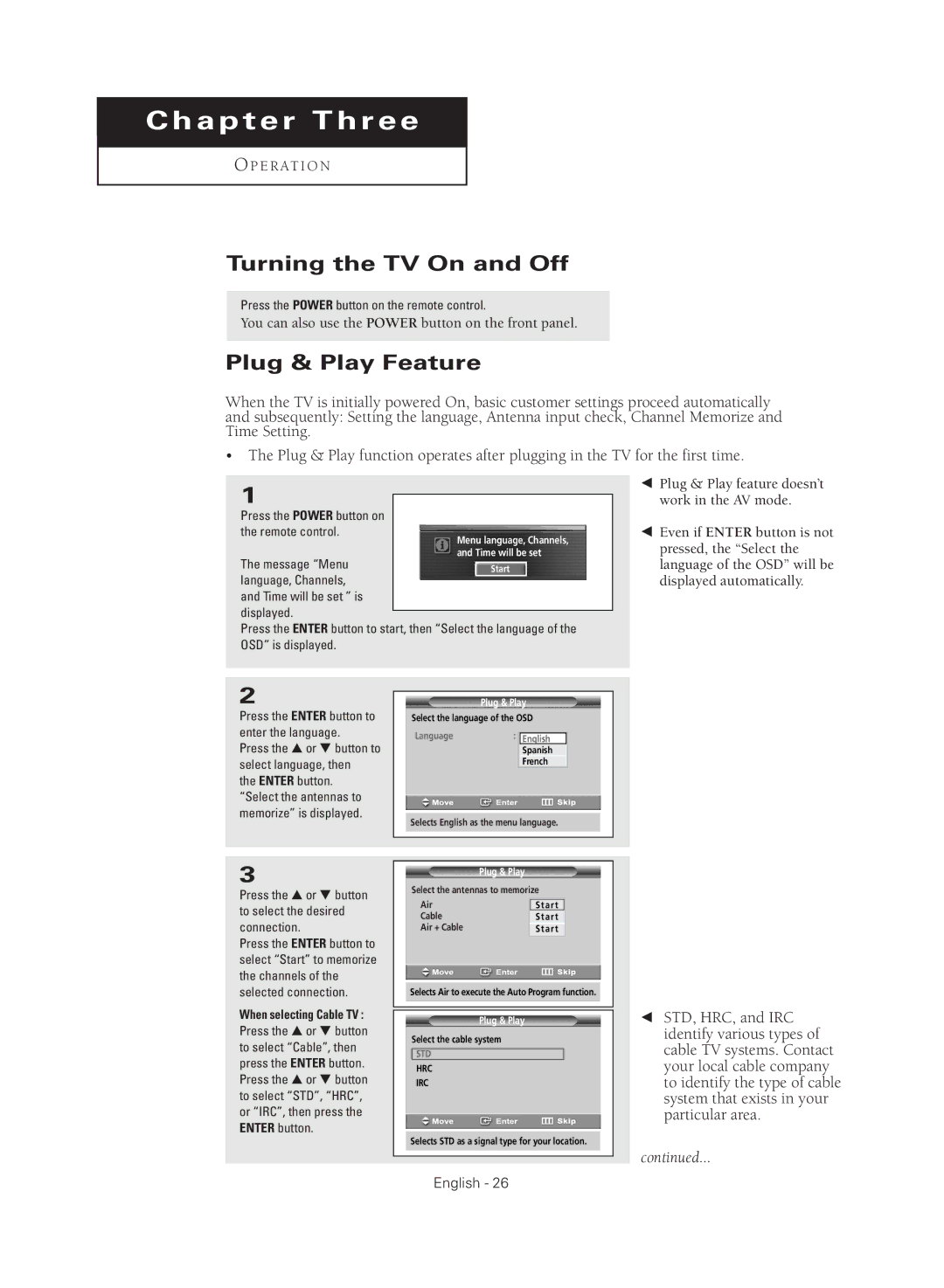 Samsung TX-R3081W manual Turning the TV On and Off, Plug & Play Feature 