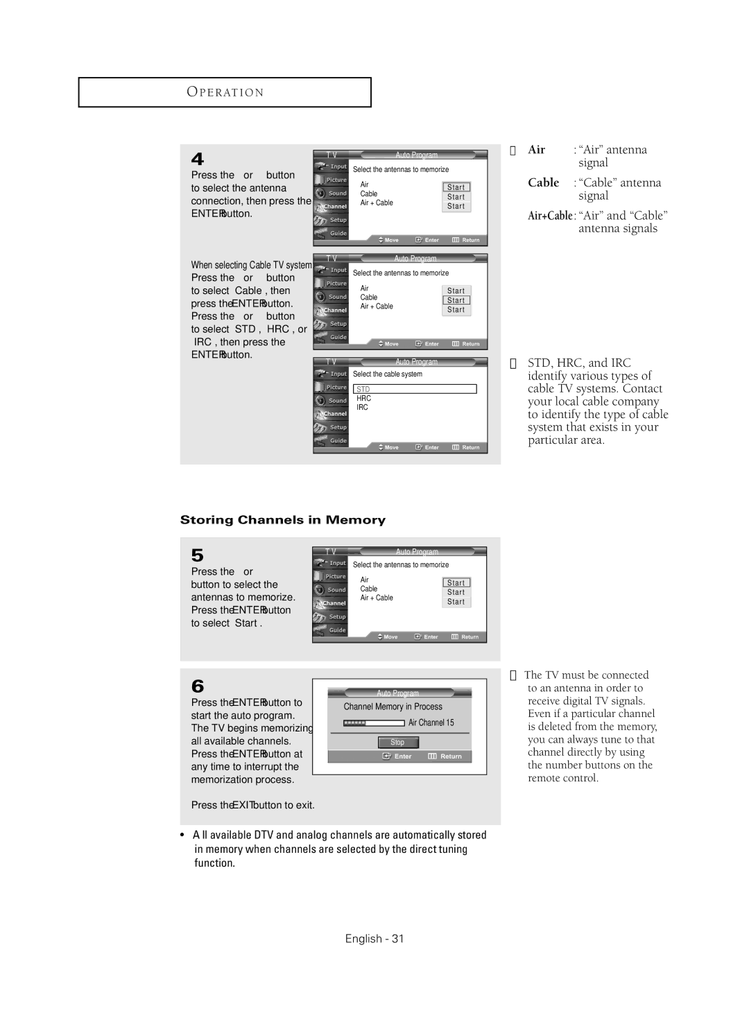 Samsung TX-R3081W manual Air Air antenna signal Cable Cable antenna Signal, Storing Channels in Memory 