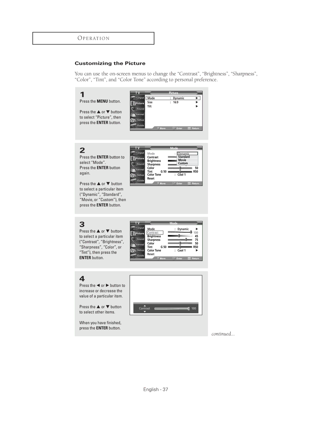 Samsung TX-R3081W manual Customizing the Picture, Mode 