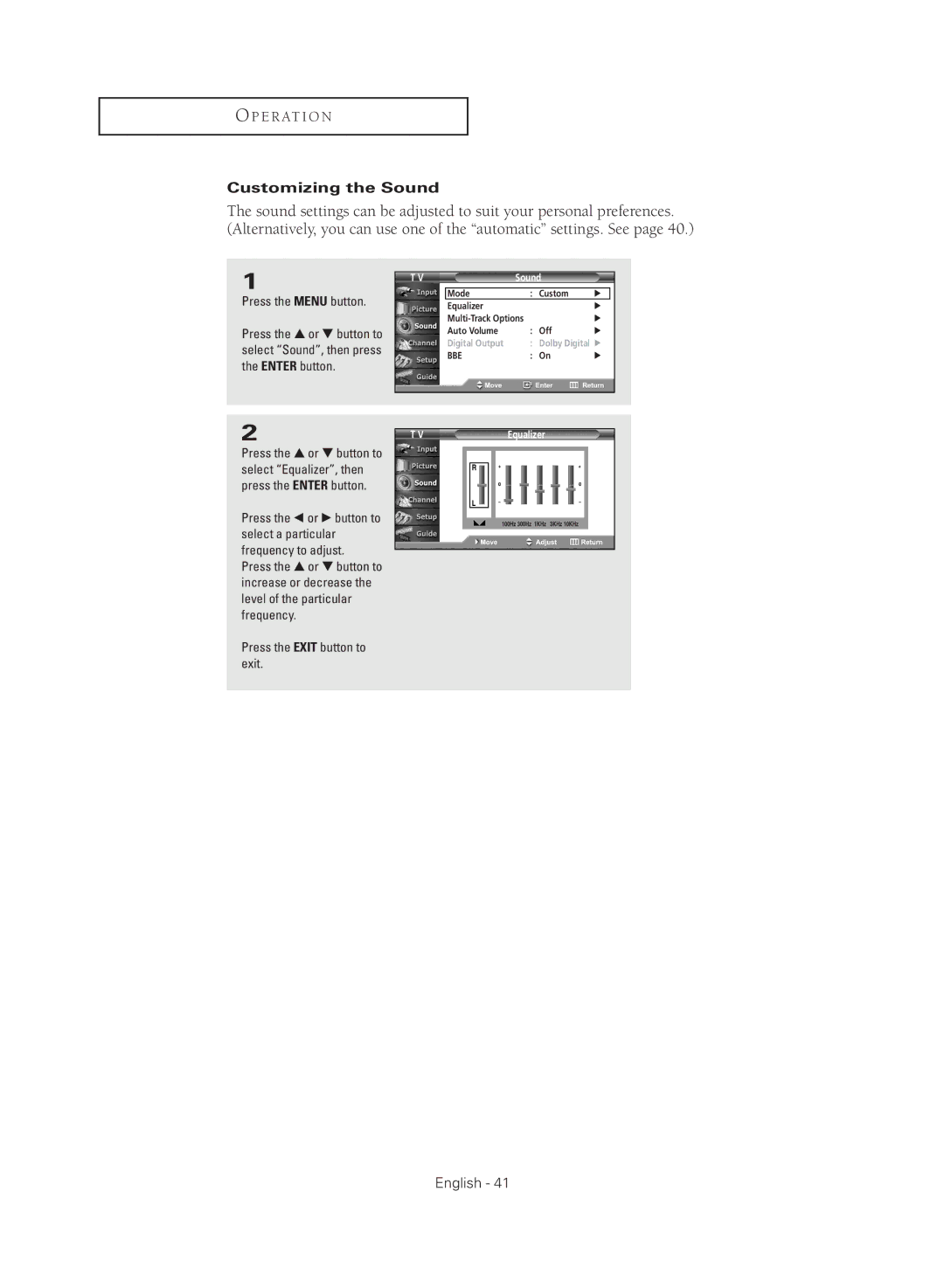 Samsung TX-R3081W manual Customizing the Sound, Equalizer 