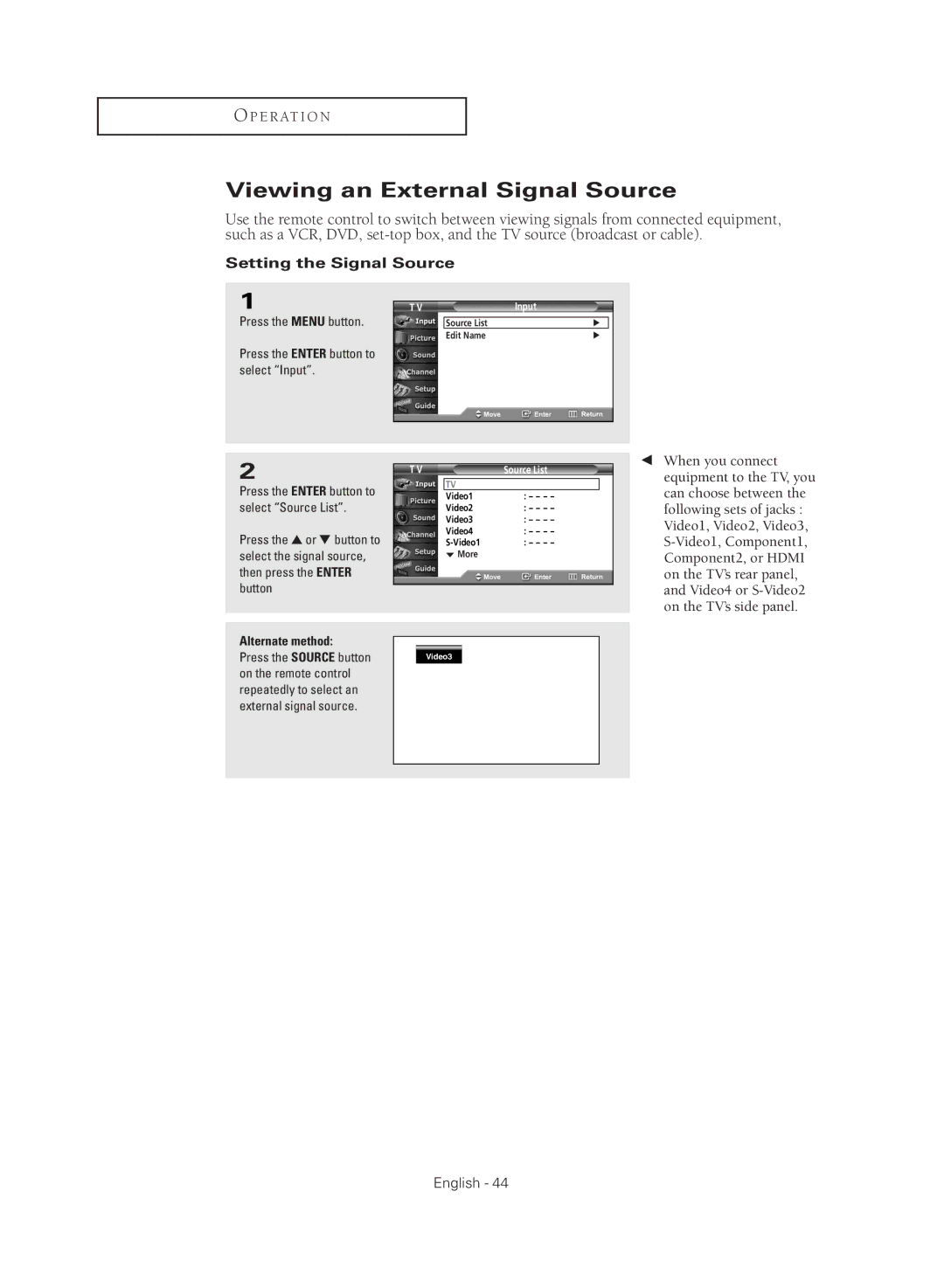 Samsung TX-R3081W manual Viewing an External Signal Source, Setting the Signal Source, Select Input, Source List 