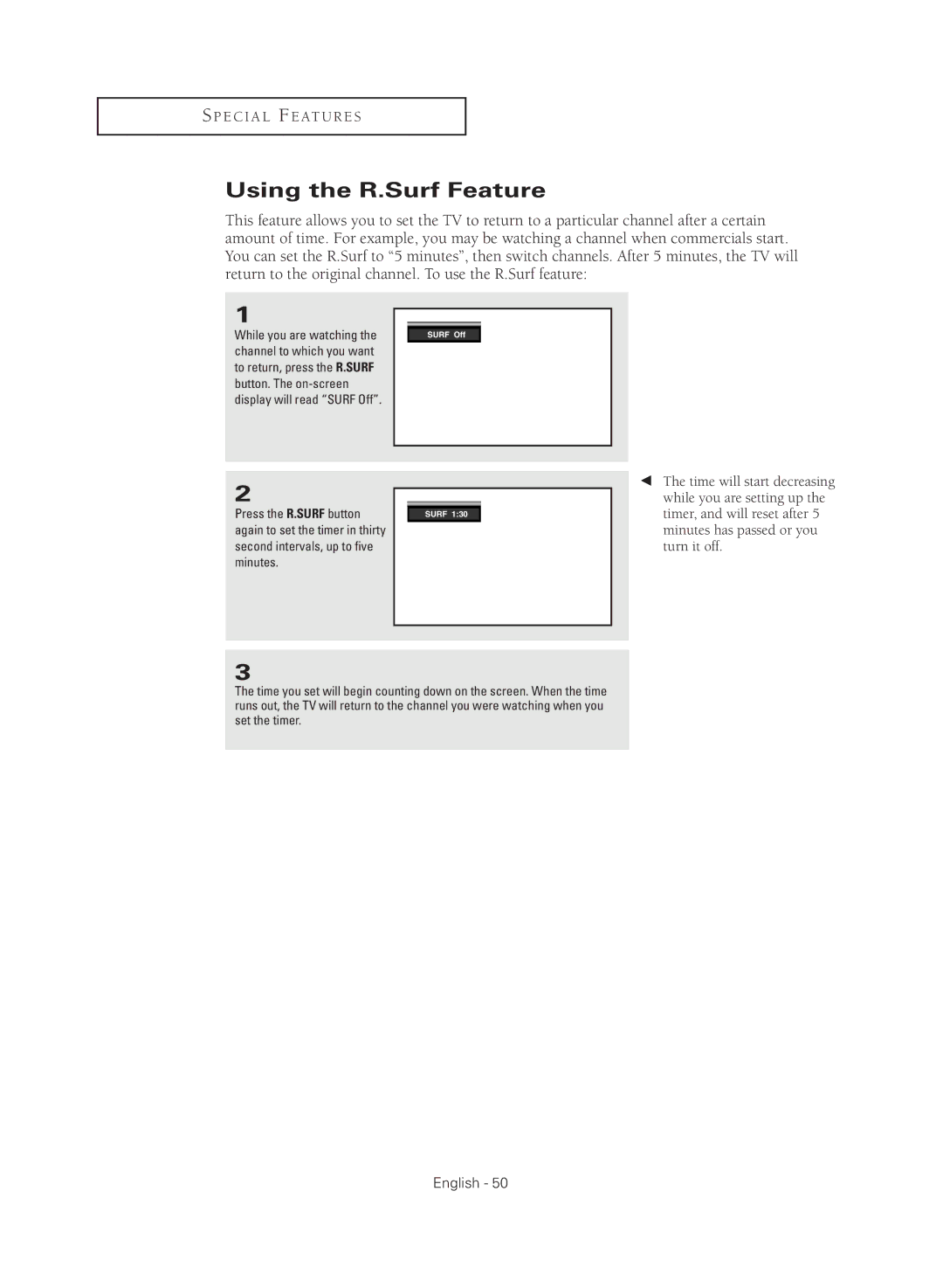 Samsung TX-R3081W manual Using the R.Surf Feature, Button. The on-screen, Press the R.SURF button 