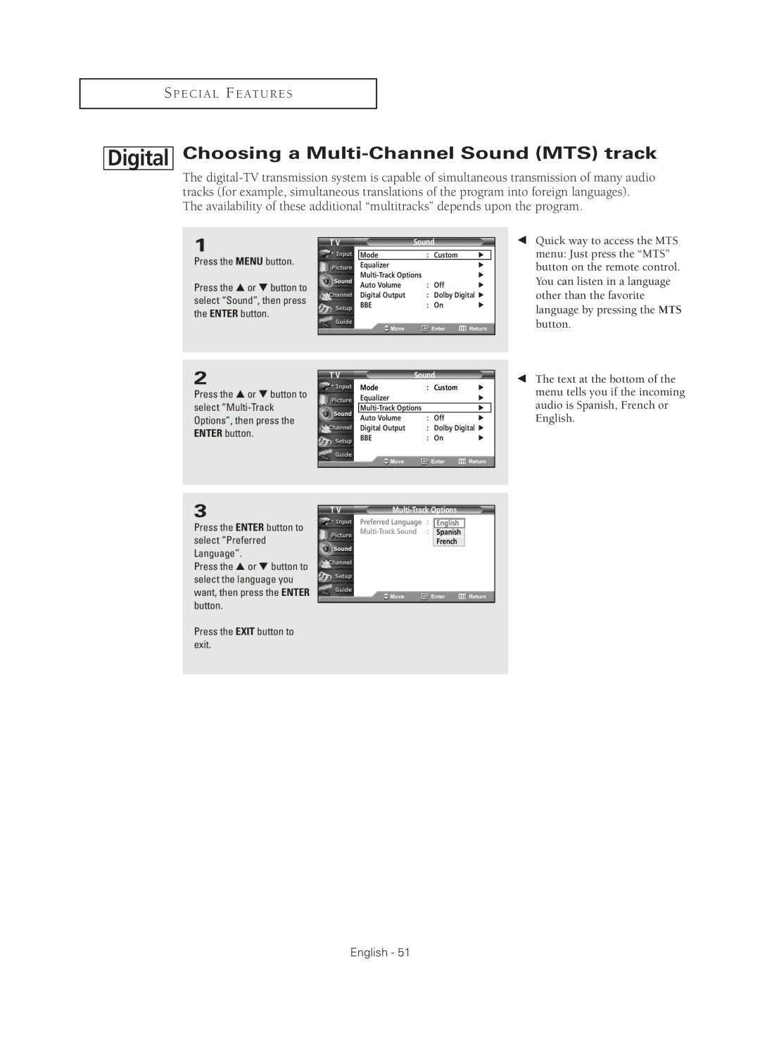 Samsung TX-R3081W manual Choosing a Multi-Channel Sound MTS track, Press the Enter button to select Preferred Language 