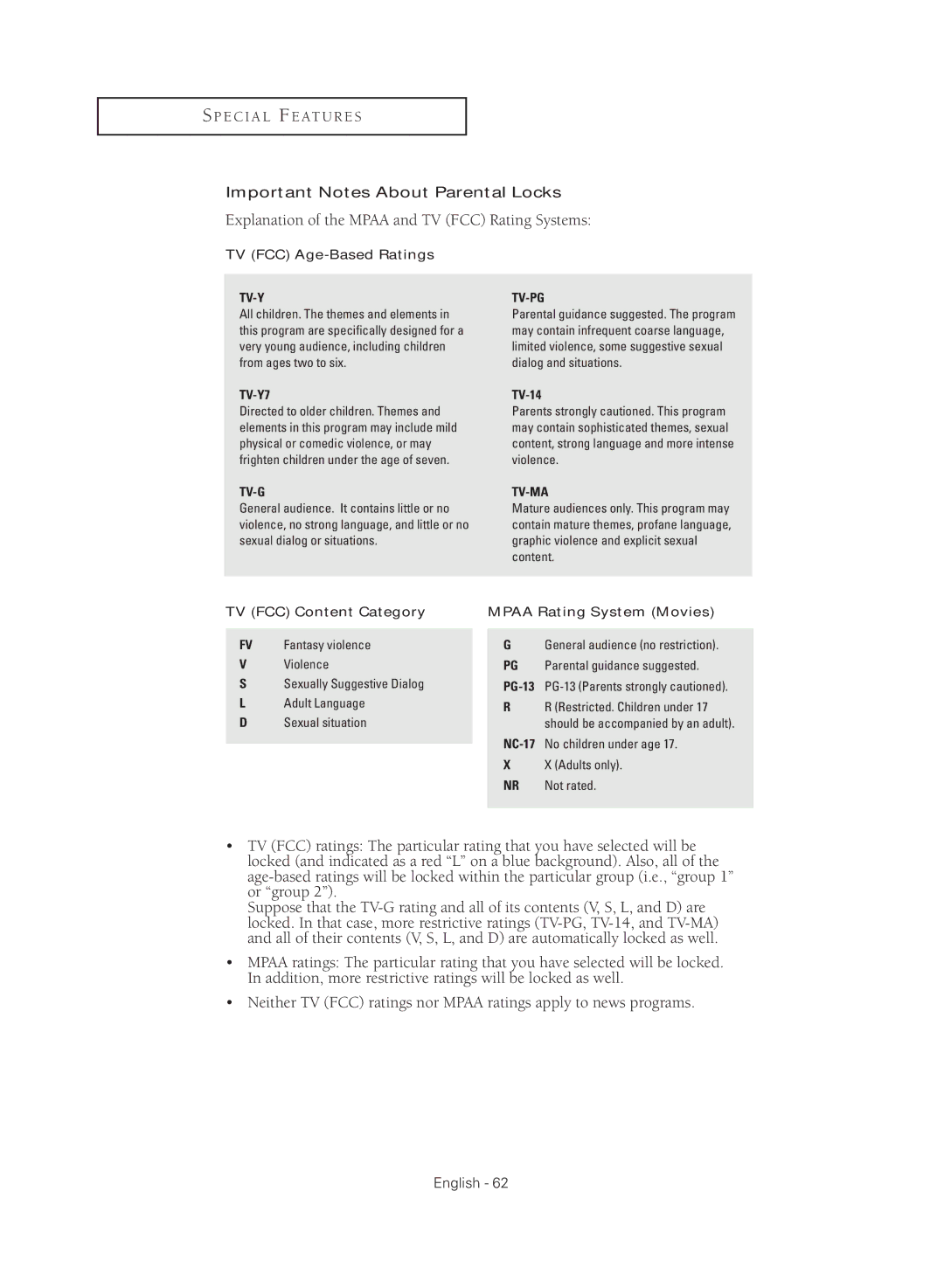 Samsung TX-R3081W manual Explanation of the Mpaa and TV FCC Rating Systems, Important Notes About Parental Locks 