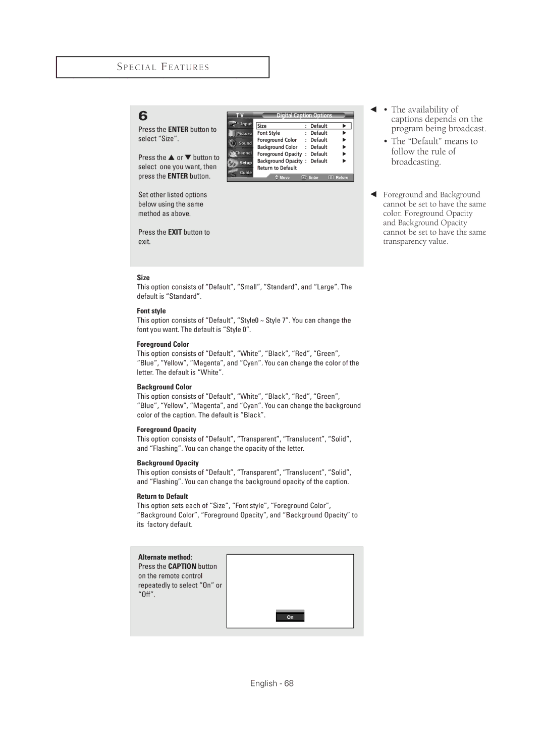 Samsung TX-R3081W manual Press the Enter button to select Size, Digital Caption Options 