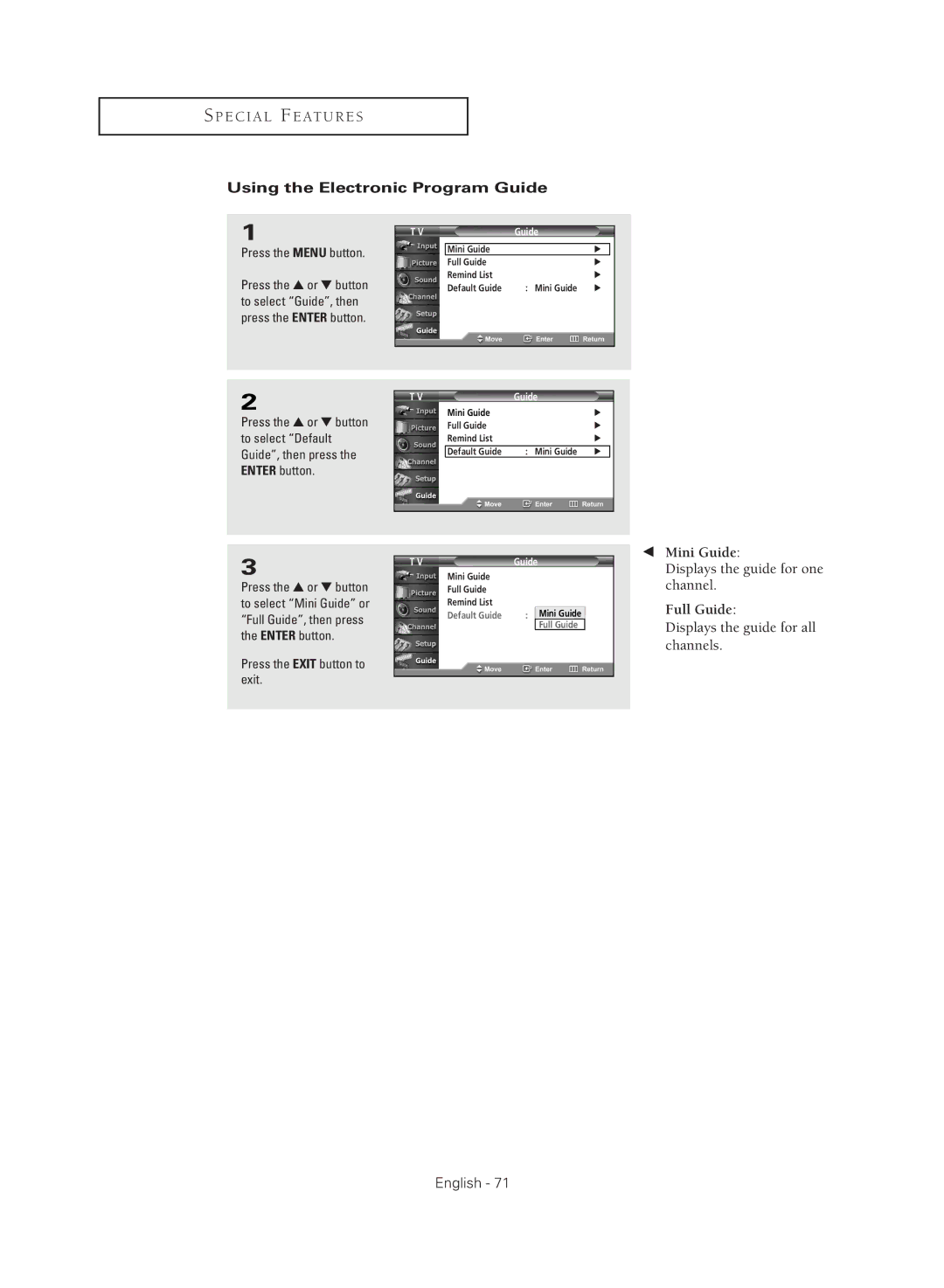 Samsung TX-R3081W Using the Electronic Program Guide, Press the or button, To select Guide, then Press the Enter button 