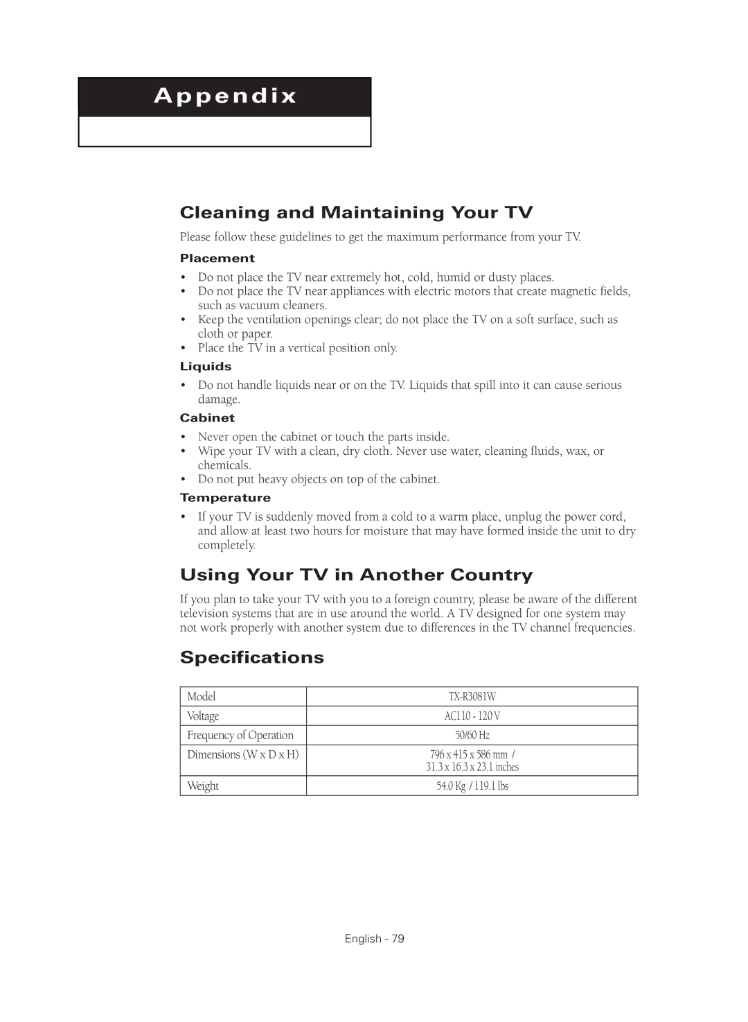 Samsung TX-R3081W manual Cleaning and Maintaining Your TV, Using Your TV in Another Country, Specifications, Weight 