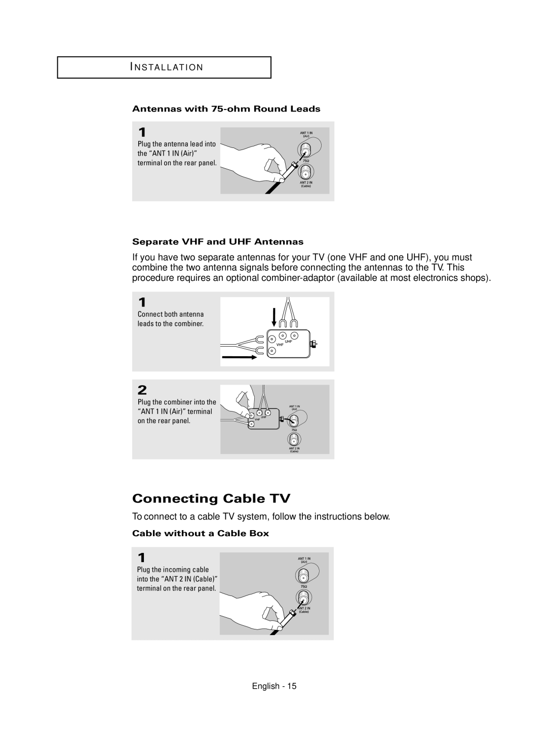 Samsung TX-R3081WH manual Connecting Cable TV, Antennas with 75-ohm Round Leads, Separate VHF and UHF Antennas 