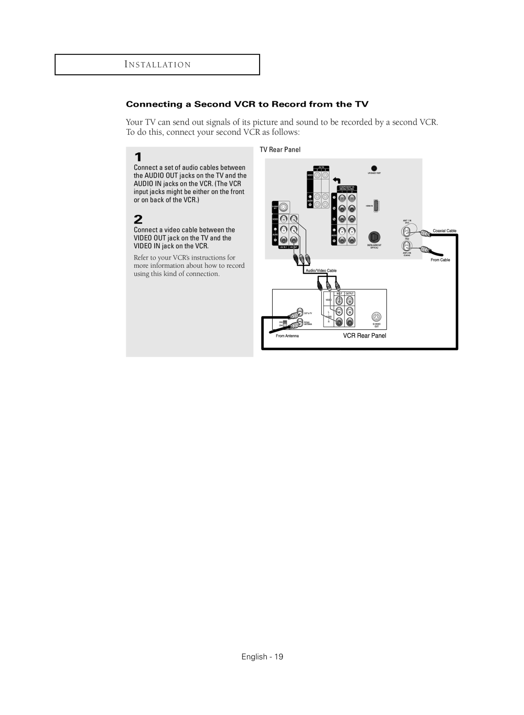 Samsung TX-R3081WH manual Connecting a Second VCR to Record from the TV 