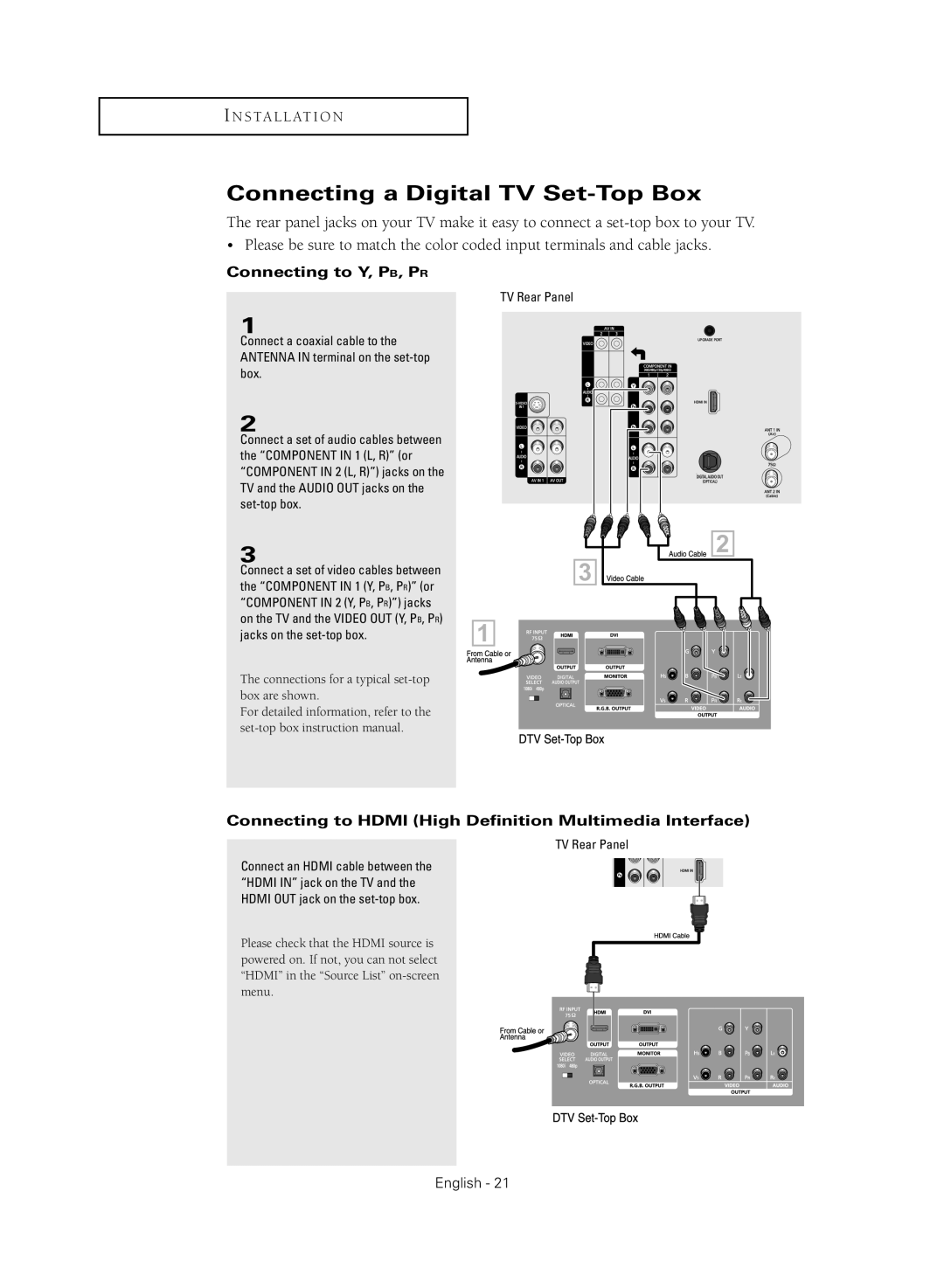 Samsung TX-R3081WH manual Connecting a Digital TV Set-Top Box, Connecting to Hdmi High Definition Multimedia Interface 