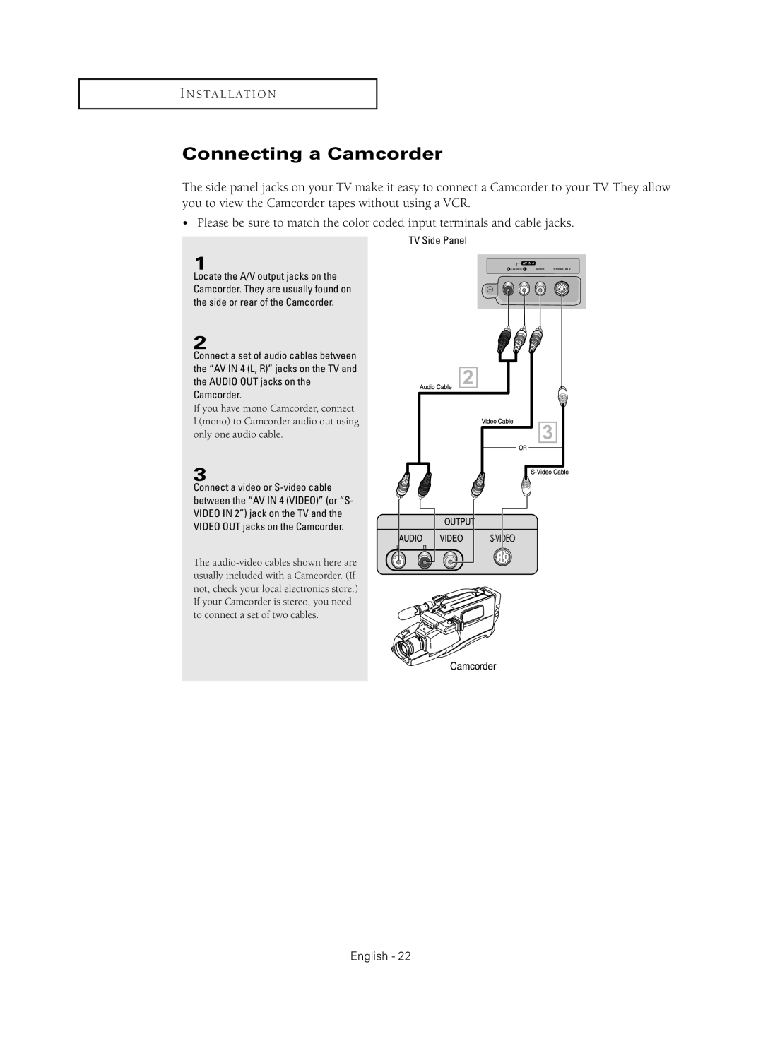 Samsung TX-R3081WH manual Connecting a Camcorder, TV Side Panel 