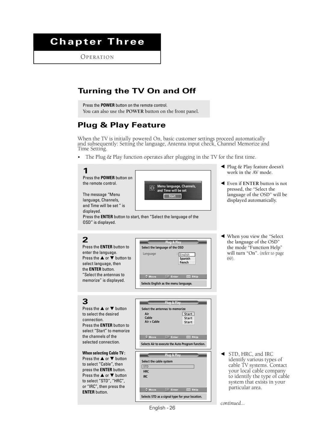 Samsung TX-R3081WH manual Turning the TV On and Off, Plug & Play Feature 